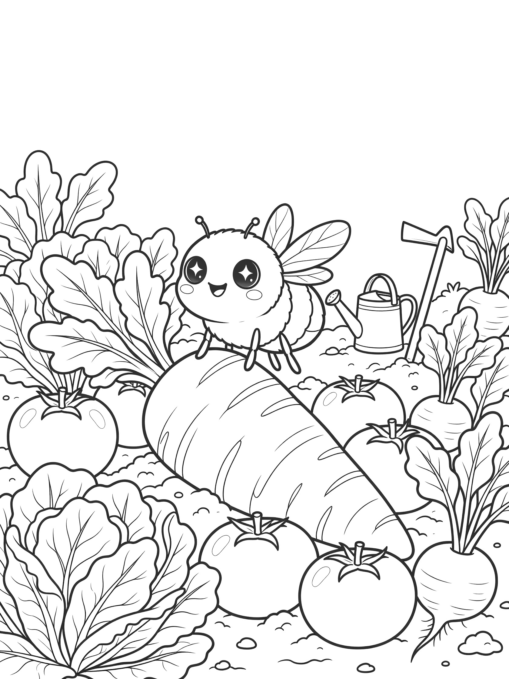 Printable coloring page showing a cute bee sitting on a carrot surrounded by tomatoes, turnips, lettuce leaves, a hoe, and watering can in a garden. Fly themed black and white printable line art