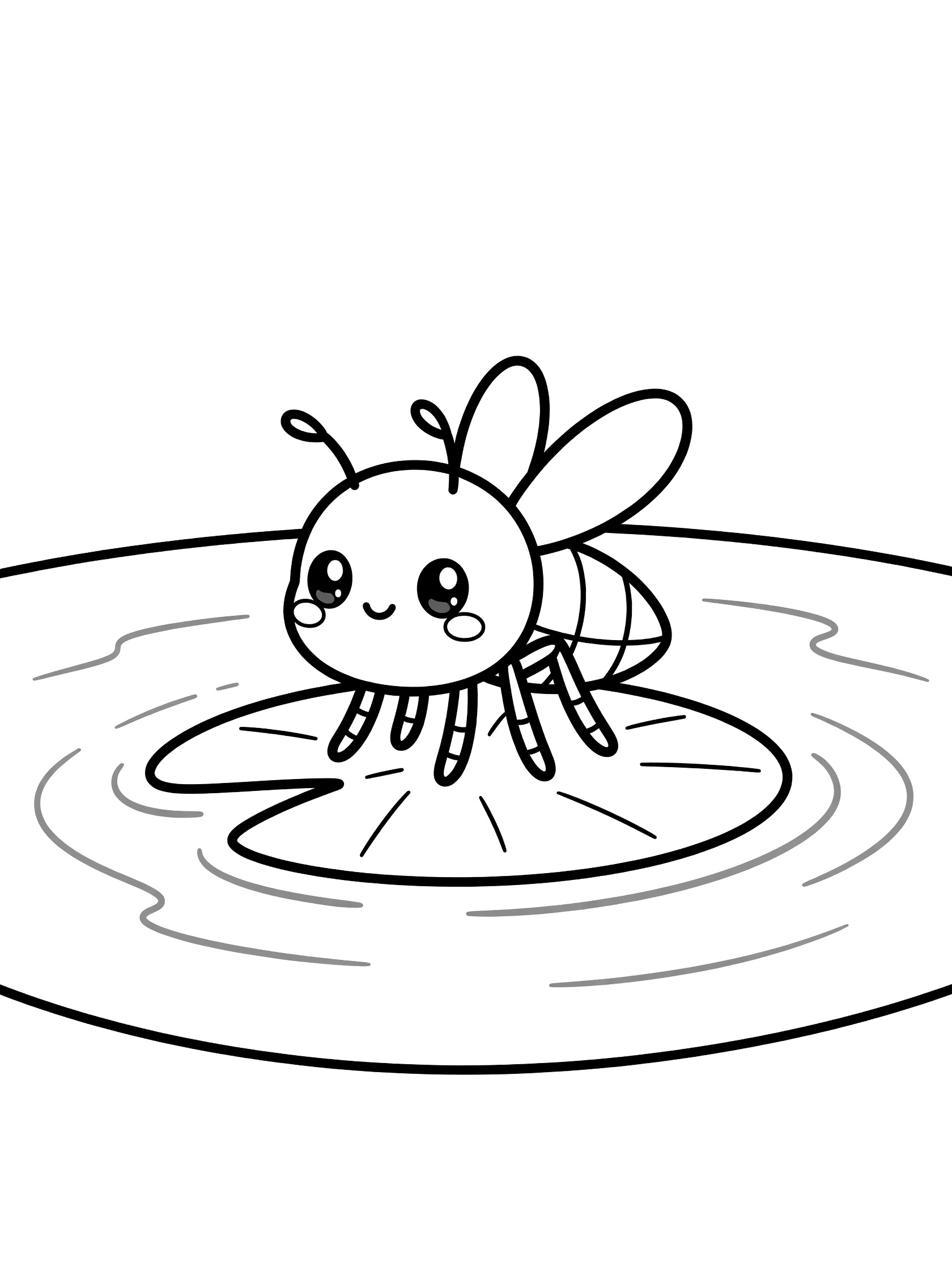 Black and white printable coloring page showing a kawaii style bee with big sparkly eyes sitting on a lily pad with gentle water ripples around it. Mosquito themed black and white printable line art
