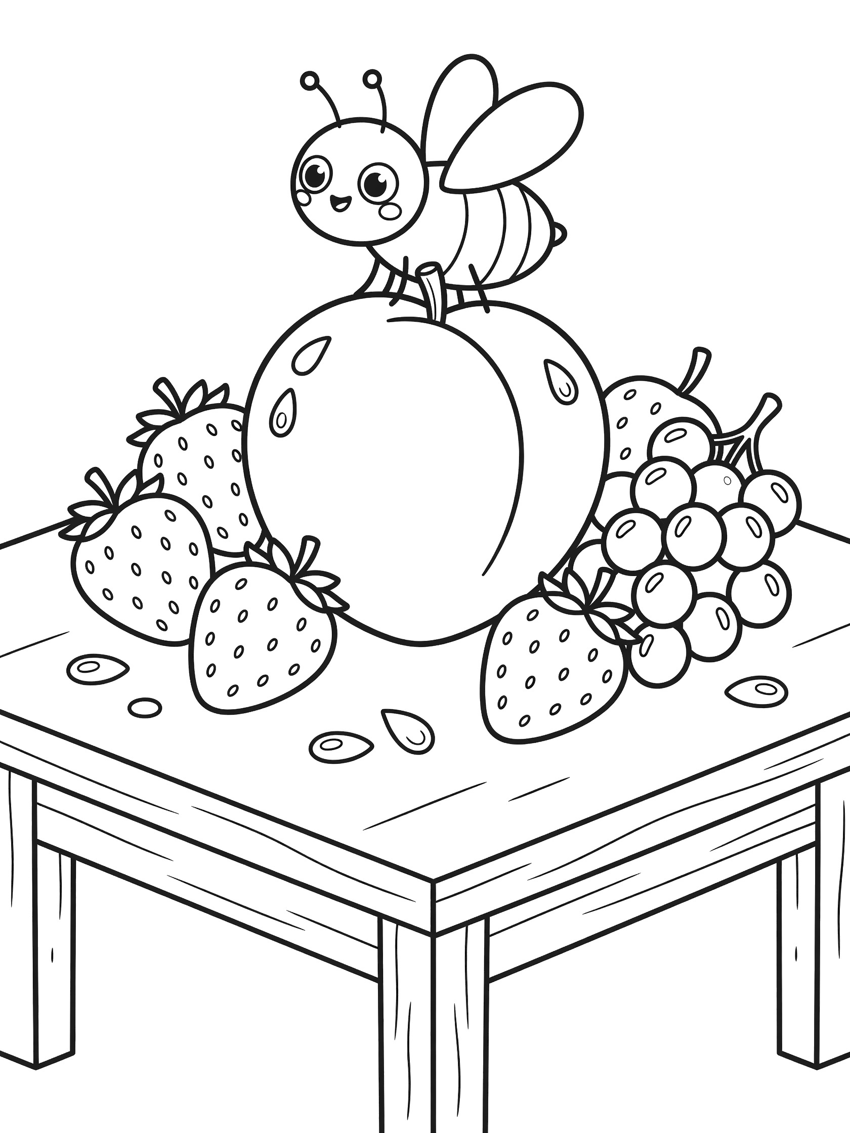 Black and white line art coloring page showing a chubby cute bee sitting on a big peach surrounded by strawberries and grapes on a wooden table with water droplets. Fly themed black and white printable line art