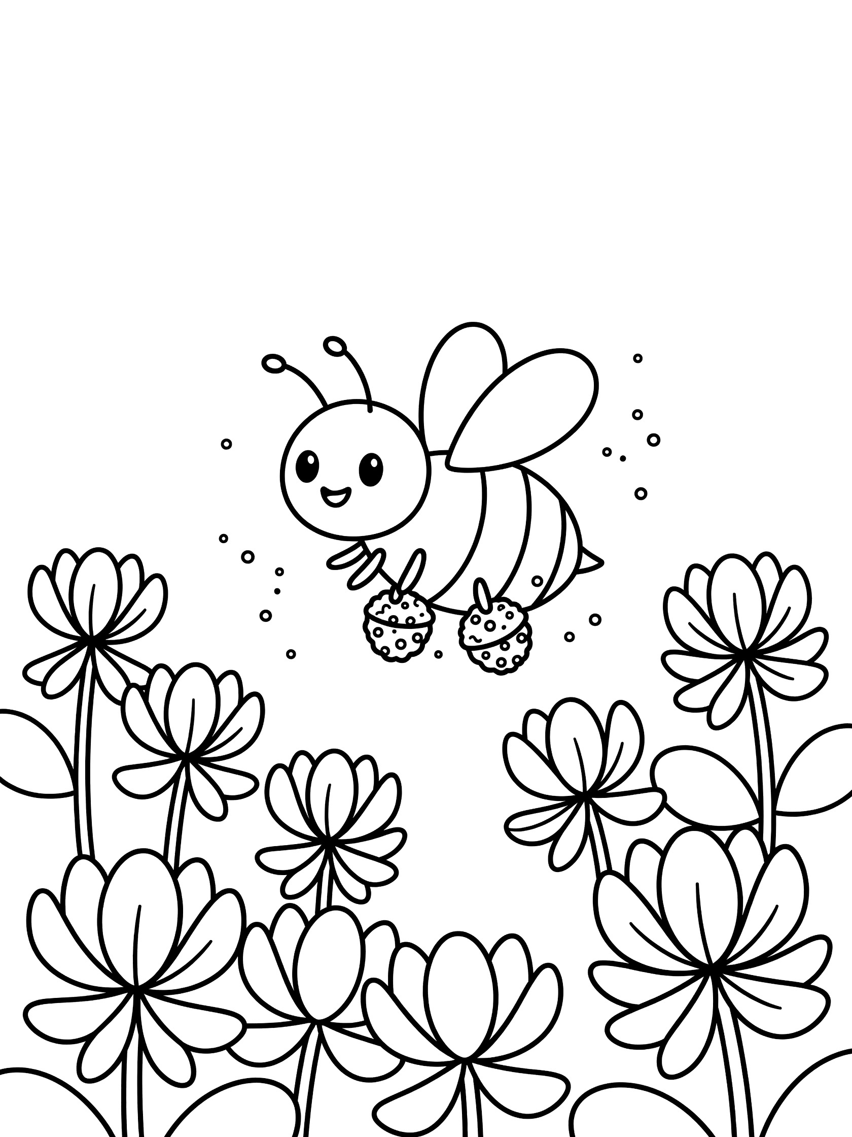 Black and white line art coloring page showing a cute bee with big eyes, pollen baskets on legs, and scattered pollen near clustered flowers.