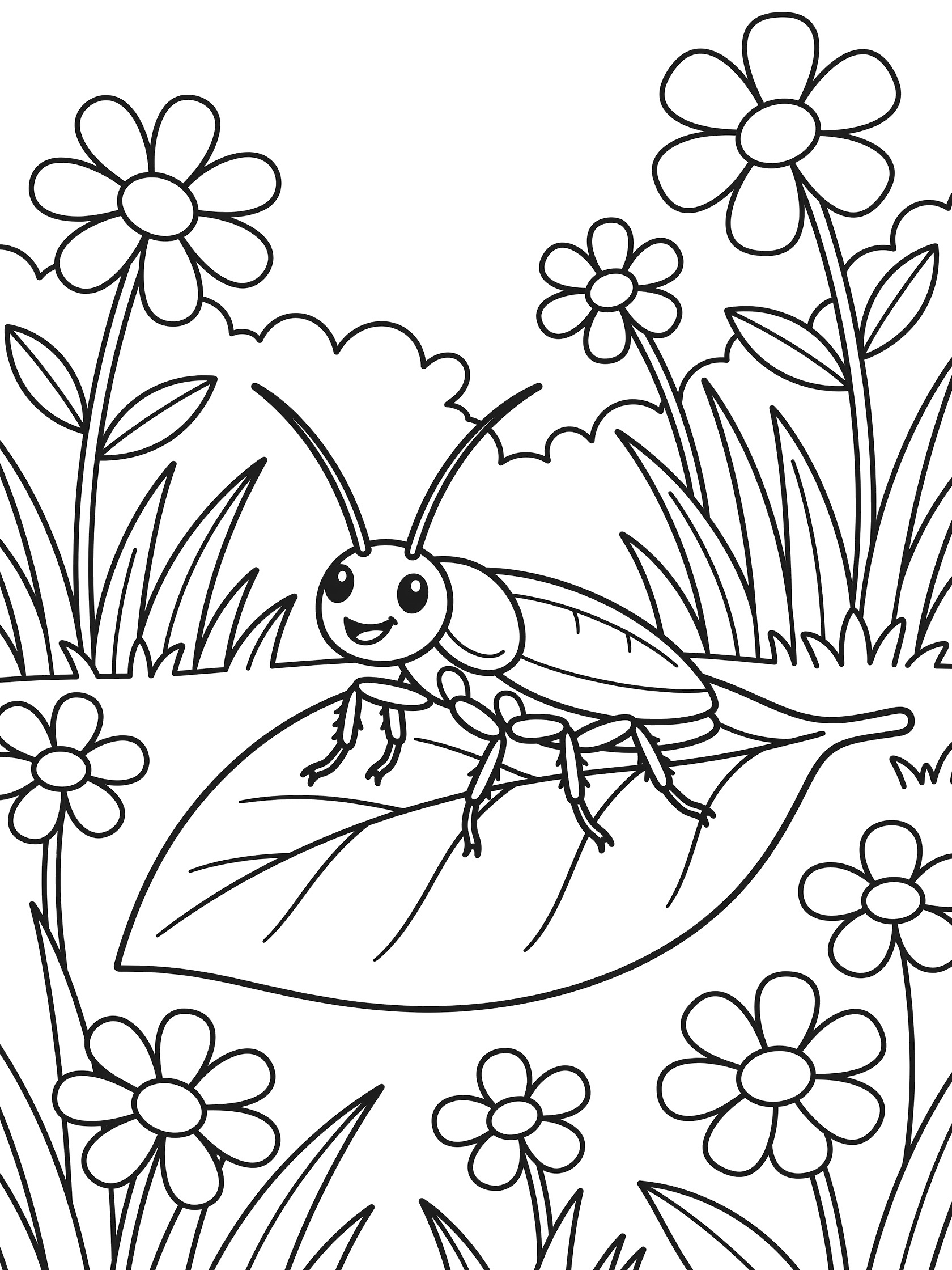 Black and white line art coloring page showing a cute smiling beetle crawling on a large leaf, surrounded by simple flowers and grass blades. Cockroach themed black and white printable line art