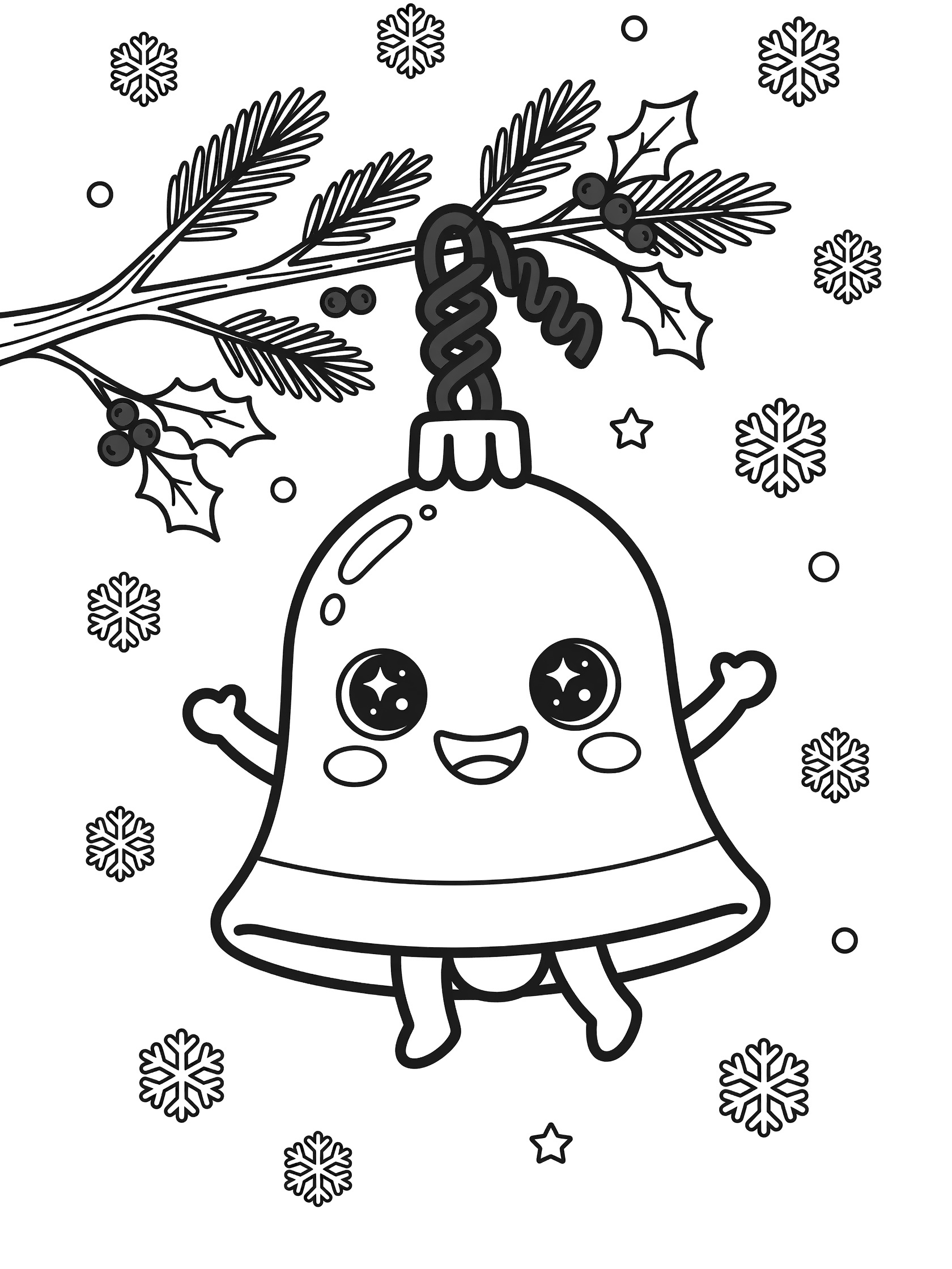 Black and white coloring page of a happy bell-shaped Christmas ornament with big eyes, smile, arms and legs, on an evergreen branch with curly ribbon, holly leaves, red berries, and falling snowflakes.