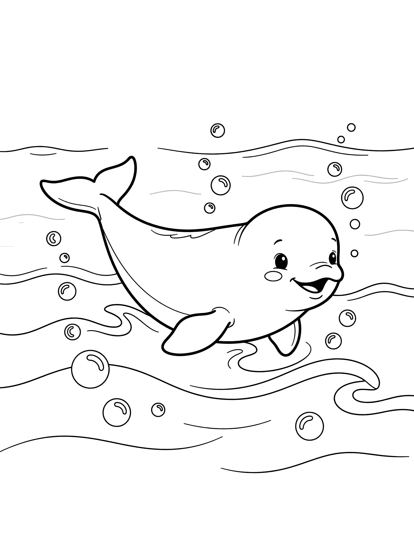 Black and white line art coloring page showing a happy beluga whale swimming with curved body, flippers, tail, surrounded by waves and bubbles on white background.