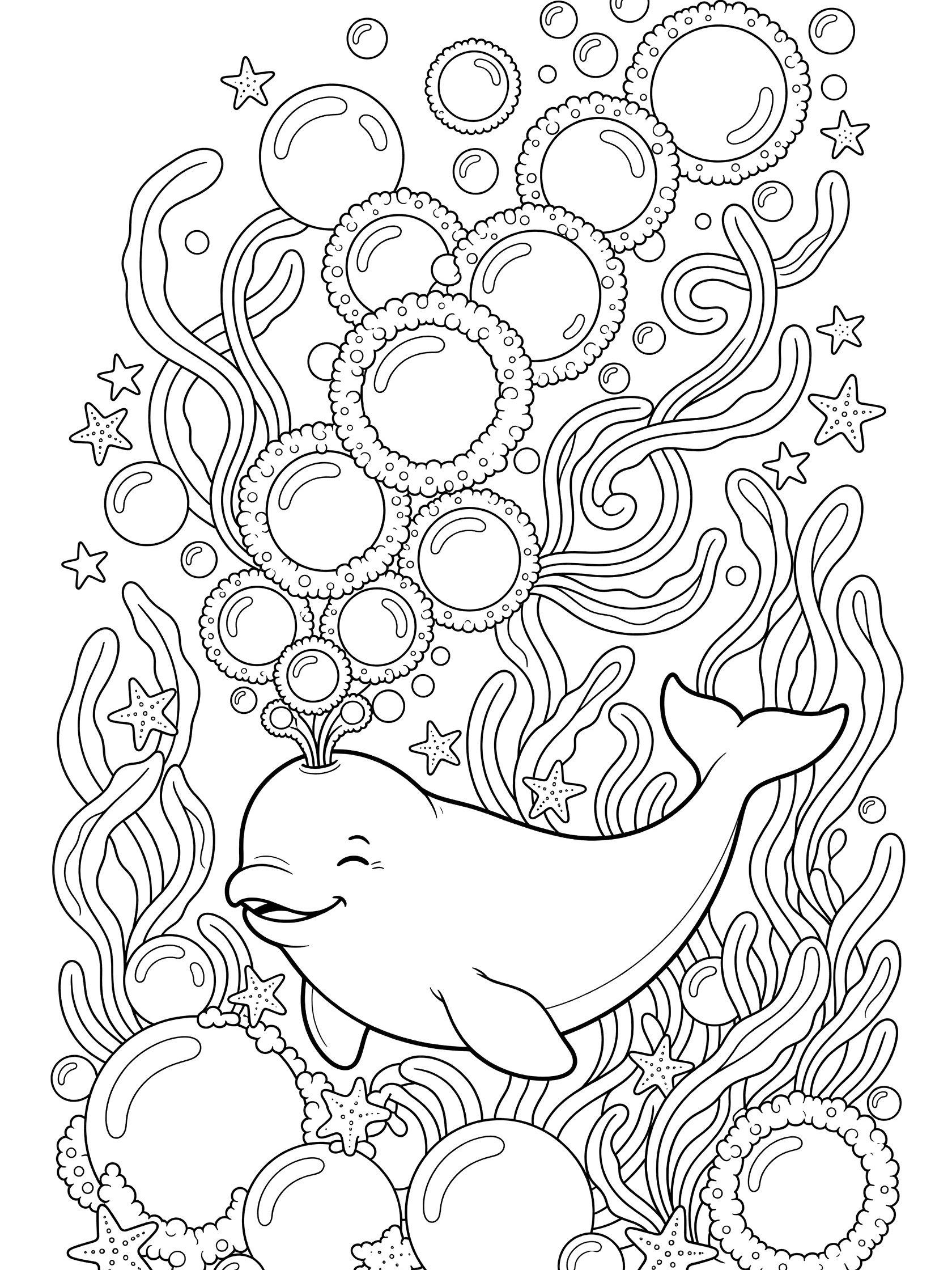Black and white line art coloring page showing a cute beluga whale blowing large ring bubbles surrounded by swirling seaweed and small starfish.