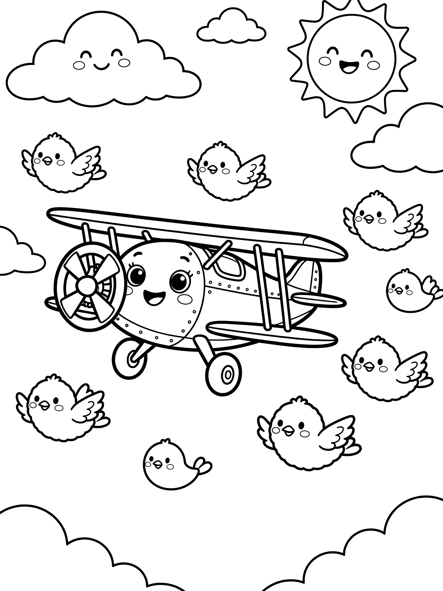 Kawaii biplane with big eyes and smile flying alongside cute birds in a sky with clouds and sun, line art coloring page