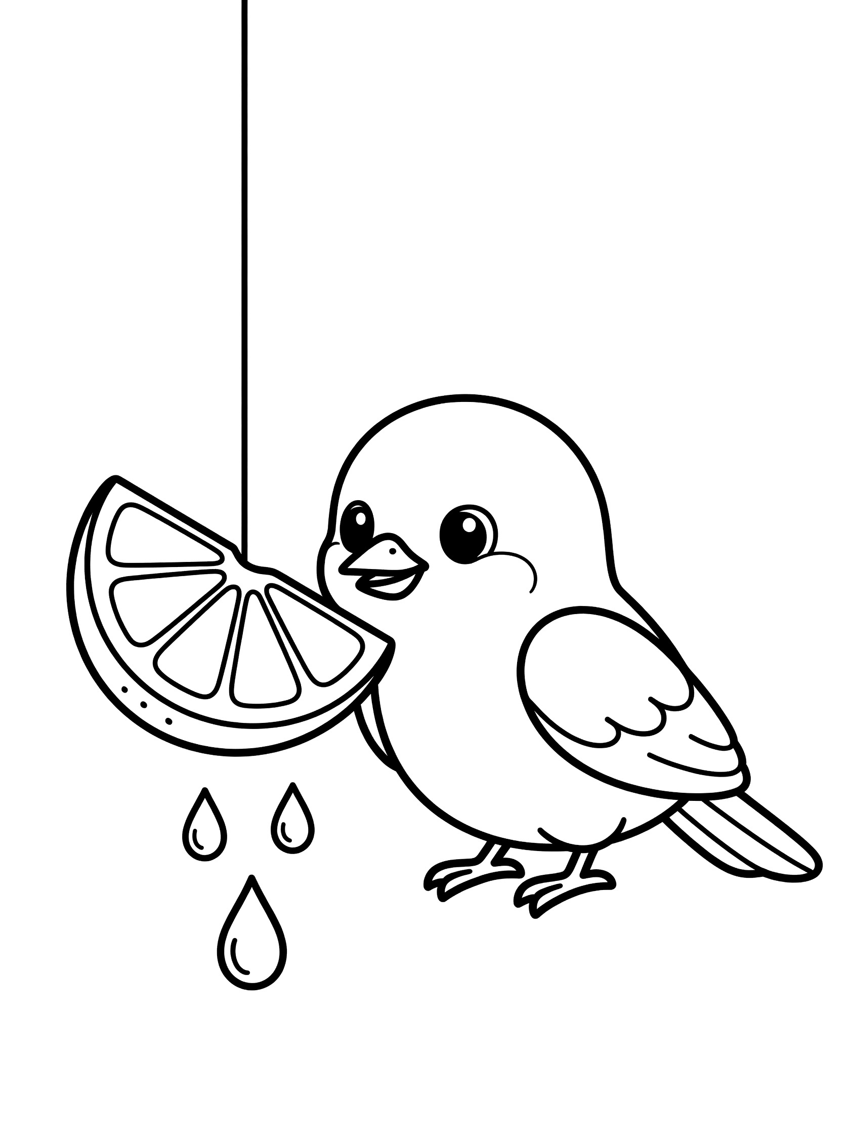 Black and white line art coloring page showing a cute bird with big eyes pecking at a half lemon slice hanging from a string with juice drops below. Oriole themed black and white printable line art
