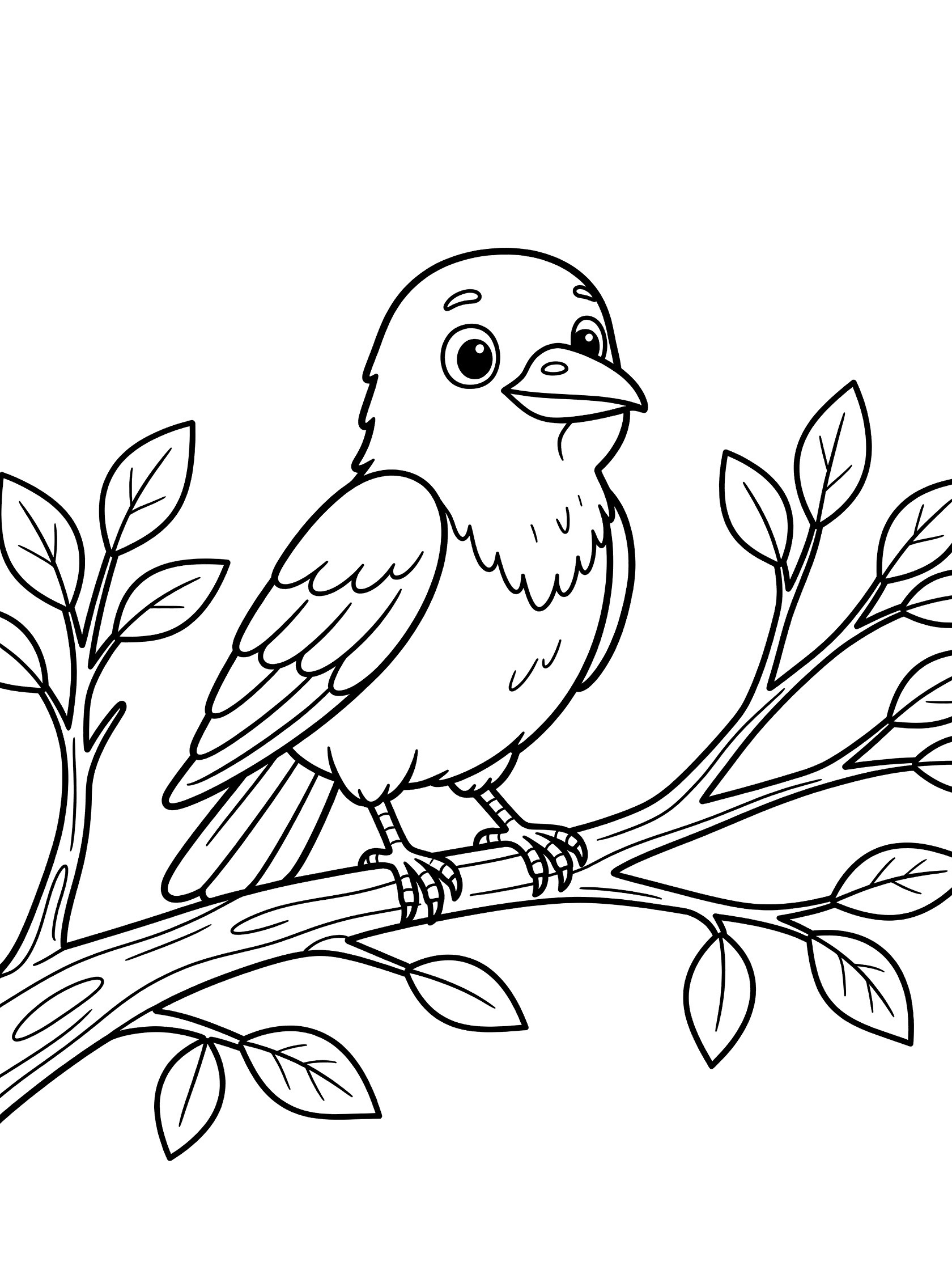 Black and white line art coloring page showing a cute bird with big eyes sitting on a tree branch surrounded by leaves. Crow themed black and white printable line art