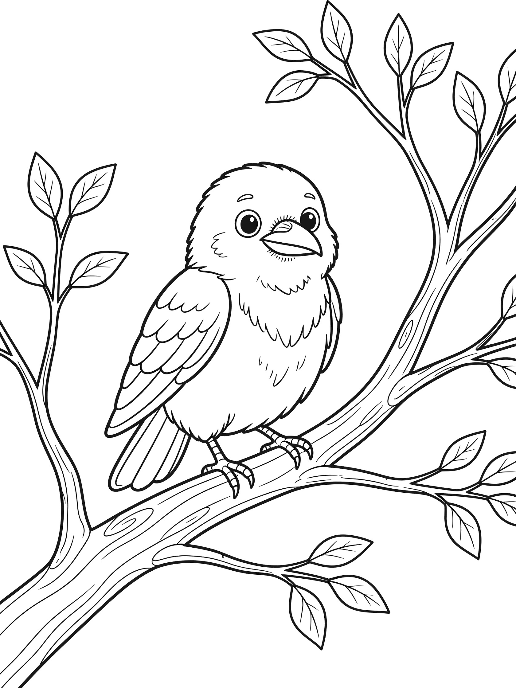 Black and white line art coloring page showing a cute fluffy bird with big eyes sitting on a tree branch surrounded by leaves. Crow themed black and white printable line art