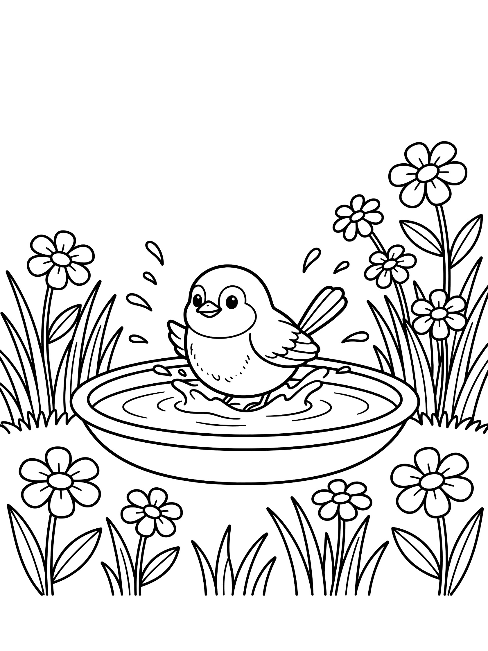 Black and white line art coloring page showing a cute bird splashing water in a round birdbath surrounded by flowers and tall grass. Robin themed black and white printable line art