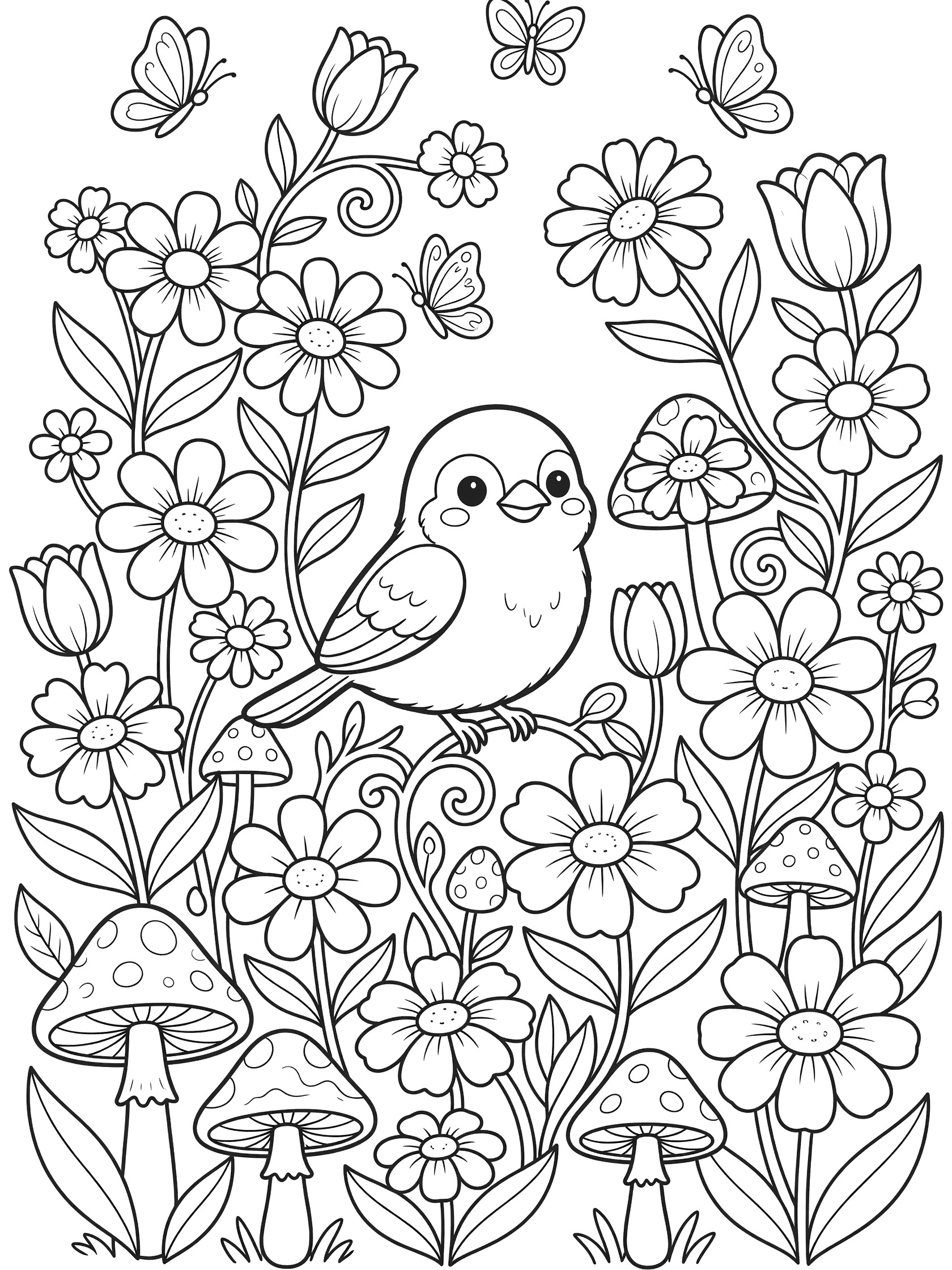Black and white line art coloring page showing a small cute bird perched among detailed flowers, mushrooms, curling vines, and flying butterflies in a garden. Sparrow themed black and white printable line art