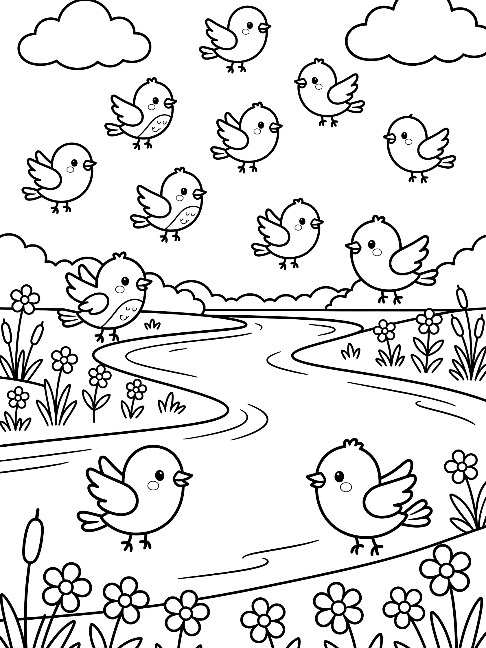 Black and white line art coloring page showing many cute kawaii-style birds flying over a curving river with flowers, reeds, and puffy clouds. Danube River themed black and white printable line art