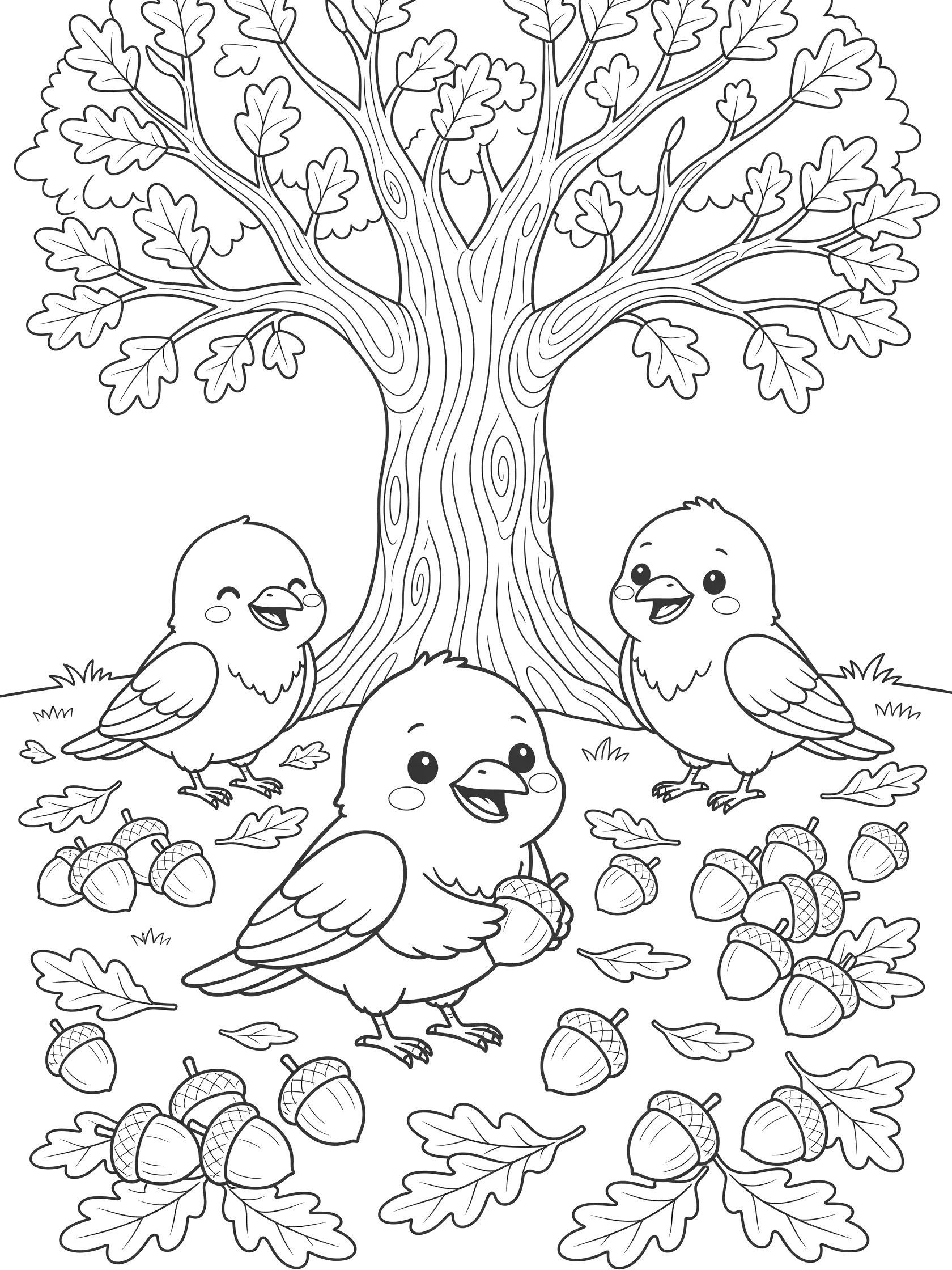 Black and white line art coloring page showing three cute birds with open beaks under a large tree, picking up acorns and surrounded by fallen leaves. Crow themed black and white printable line art