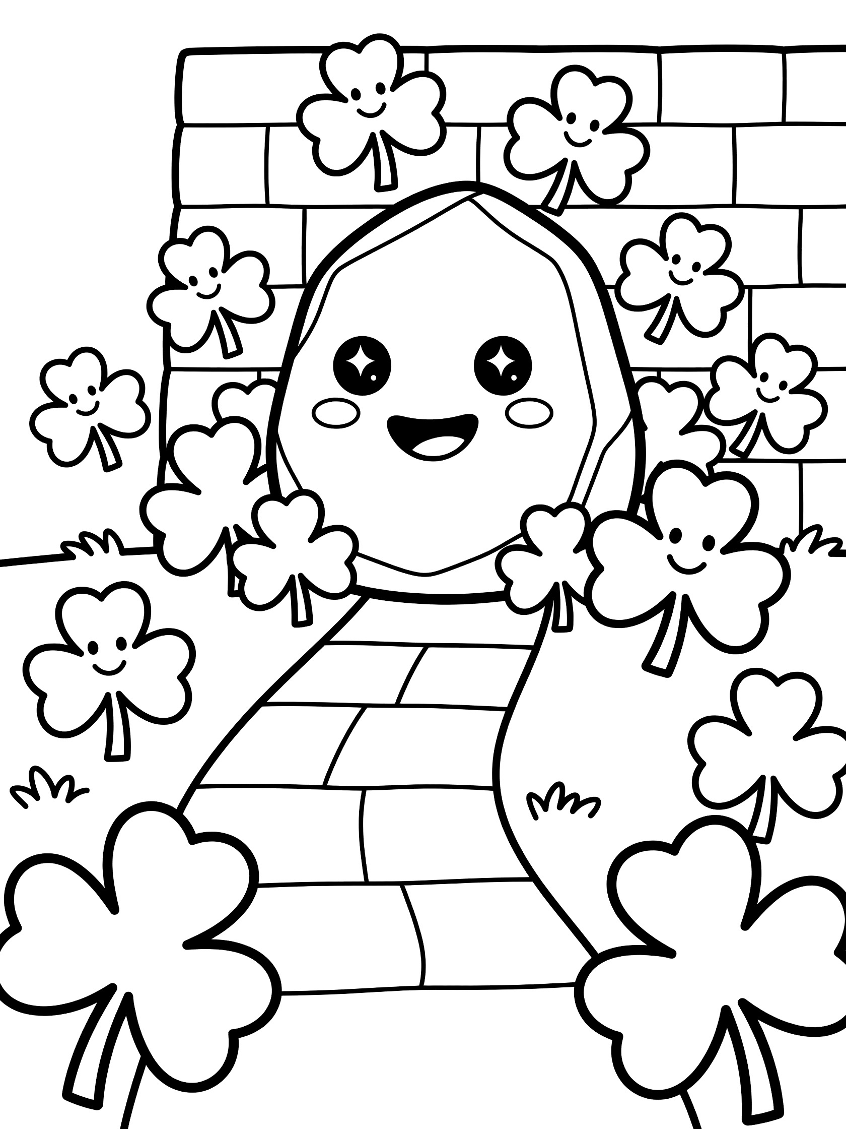 Black and white line art of cute smiling Blarney Stone in castle wall with sparkling eyes, rosy cheeks, and happy-faced shamrocks forming a path.