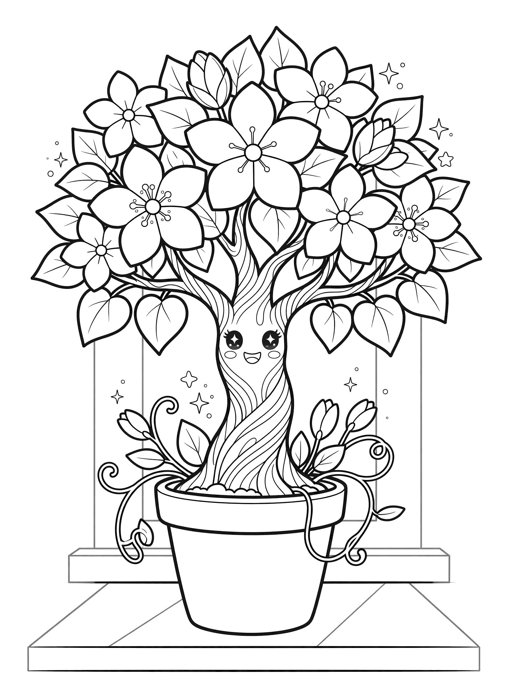 Black and white line art of a kawaii money tree with big eyes, smiling mouth, heart-shaped leaves, many flowers, sparkles, in a round pot on a shelf with decorative frame.