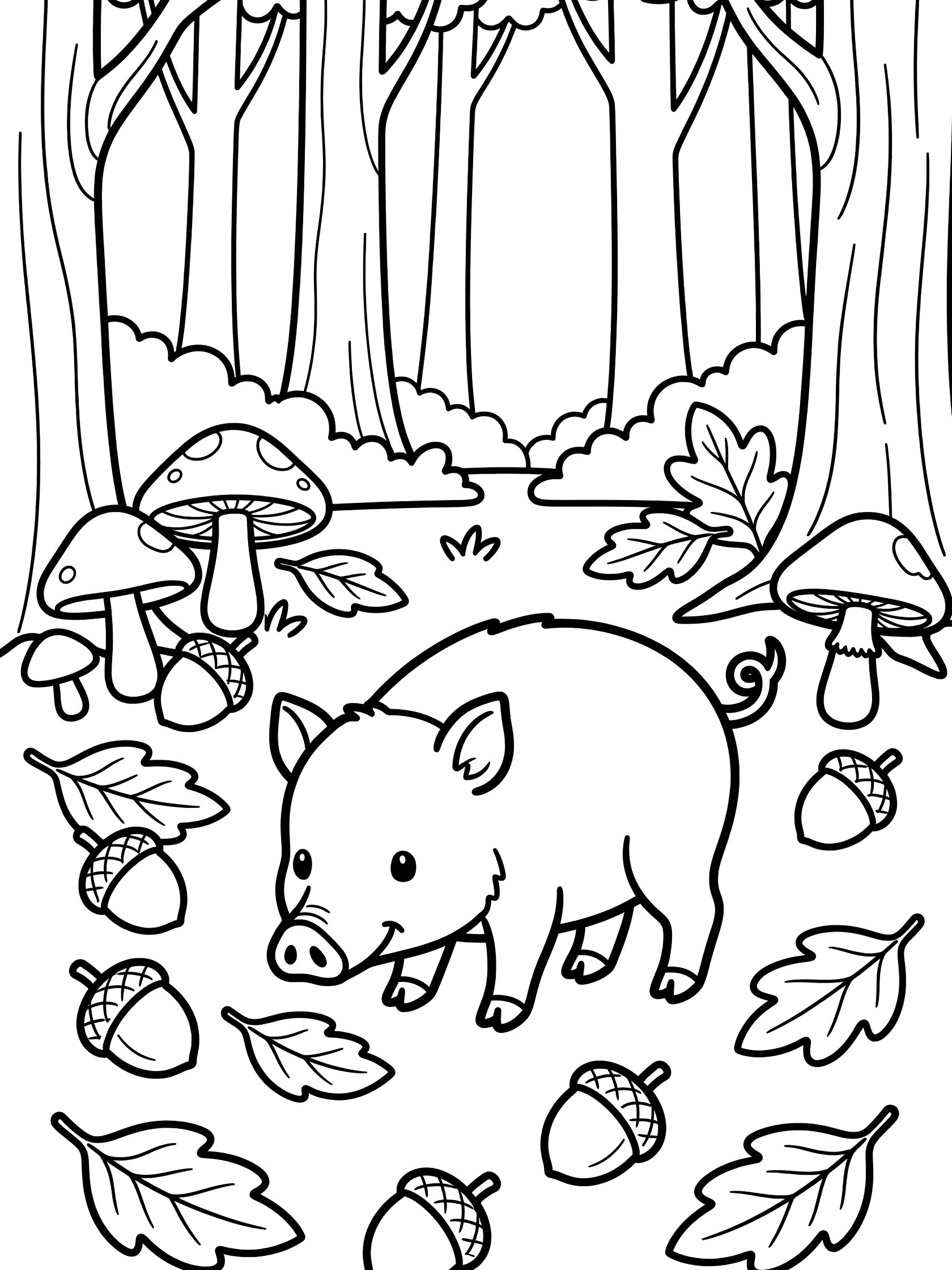 Printable coloring book page showing a cute boar piglet with curly tail in a forest, surrounded by acorns, mushrooms, fallen leaves and tall trees.