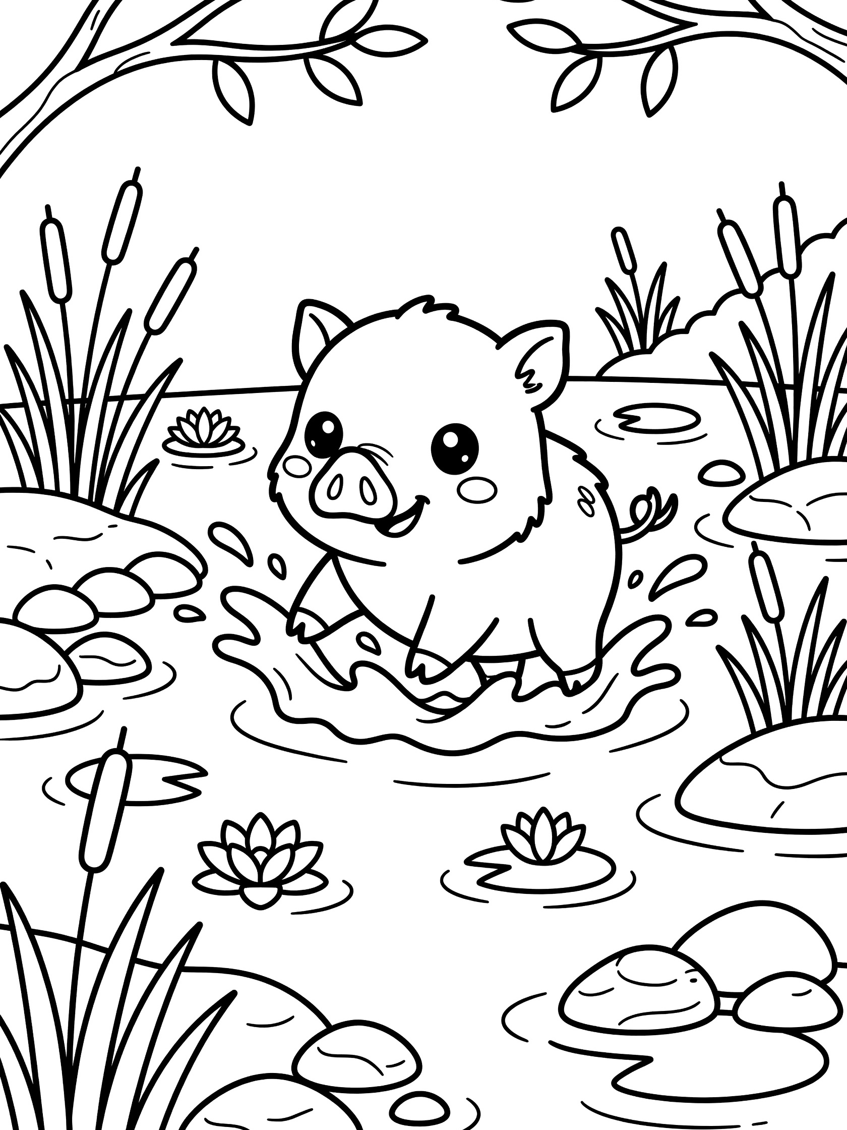 Printable coloring page showing a cute boar with big eyes splashing water in a forest pond surrounded by reeds, pebbles, overhanging branches, and floating water lilies