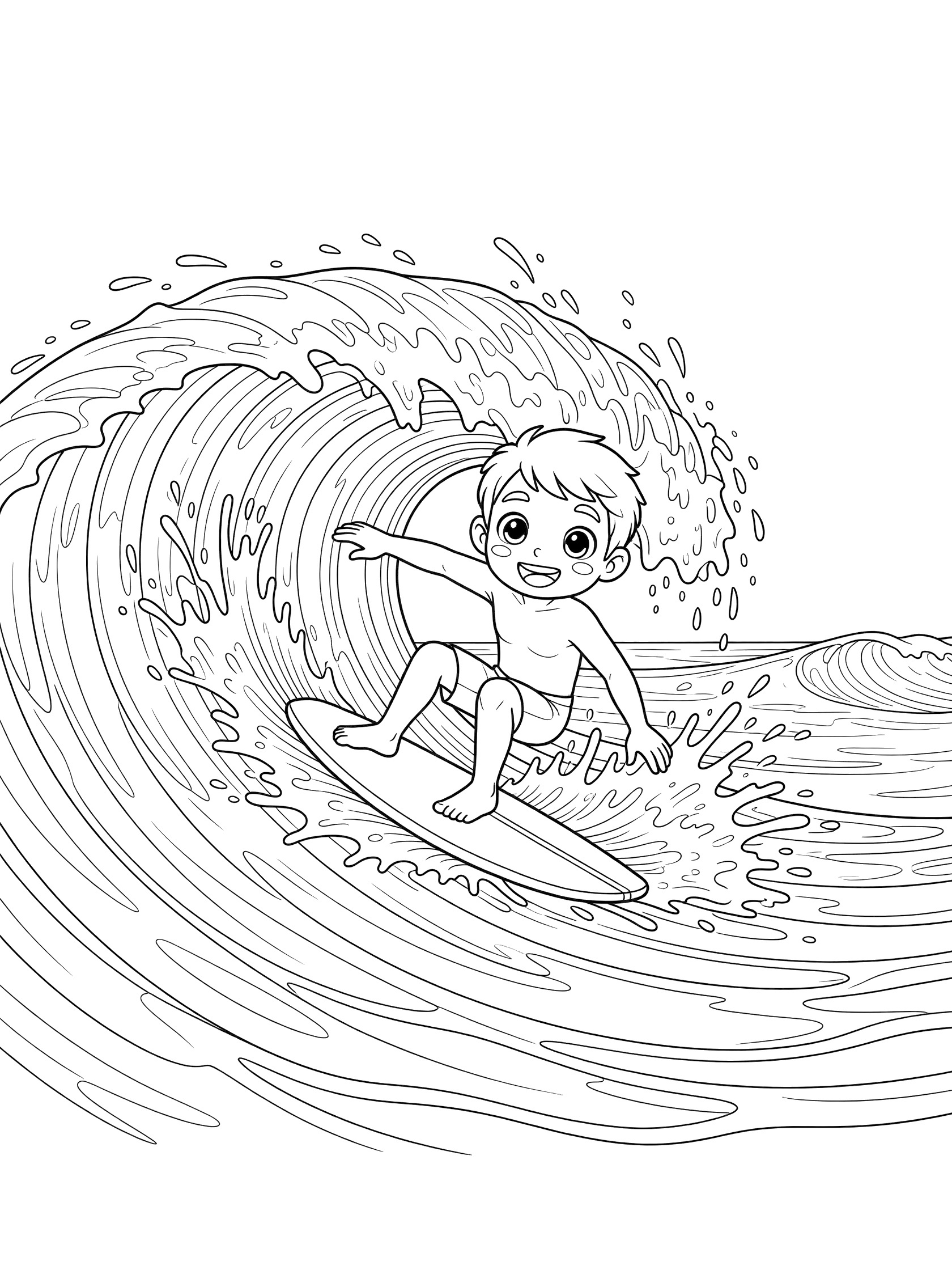 Cute kawaii bodyboarder leaning back with hand in water during a cutback turn on a splashing wave, bodyboarding coloring page