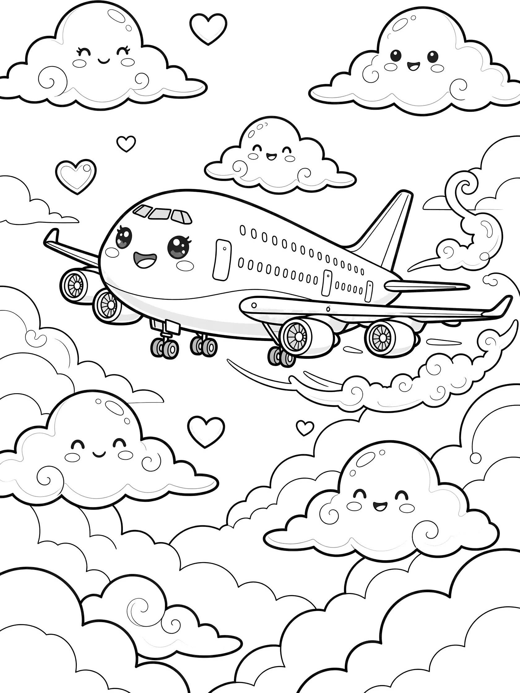 Black and white coloring page of a kawaii Boeing 747 airplane with sparkling eyes, rosy cheeks, and happy smile soaring amid fluffy clouds shaped like smiling faces and hearts