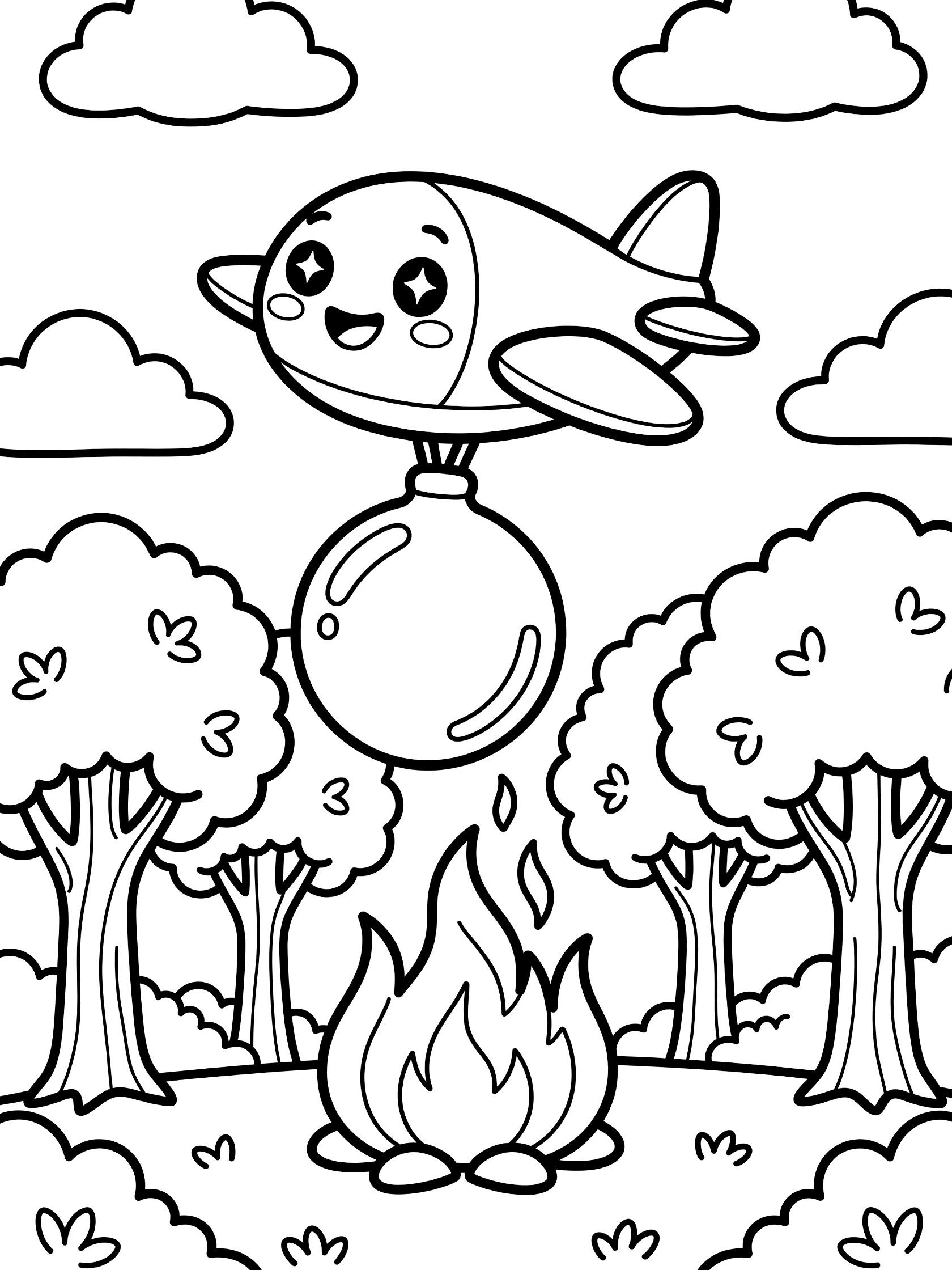 Kawaii bomber plane flying over trees dropping large water bomb on campfire flames with fluffy clouds in the sky, line art coloring page