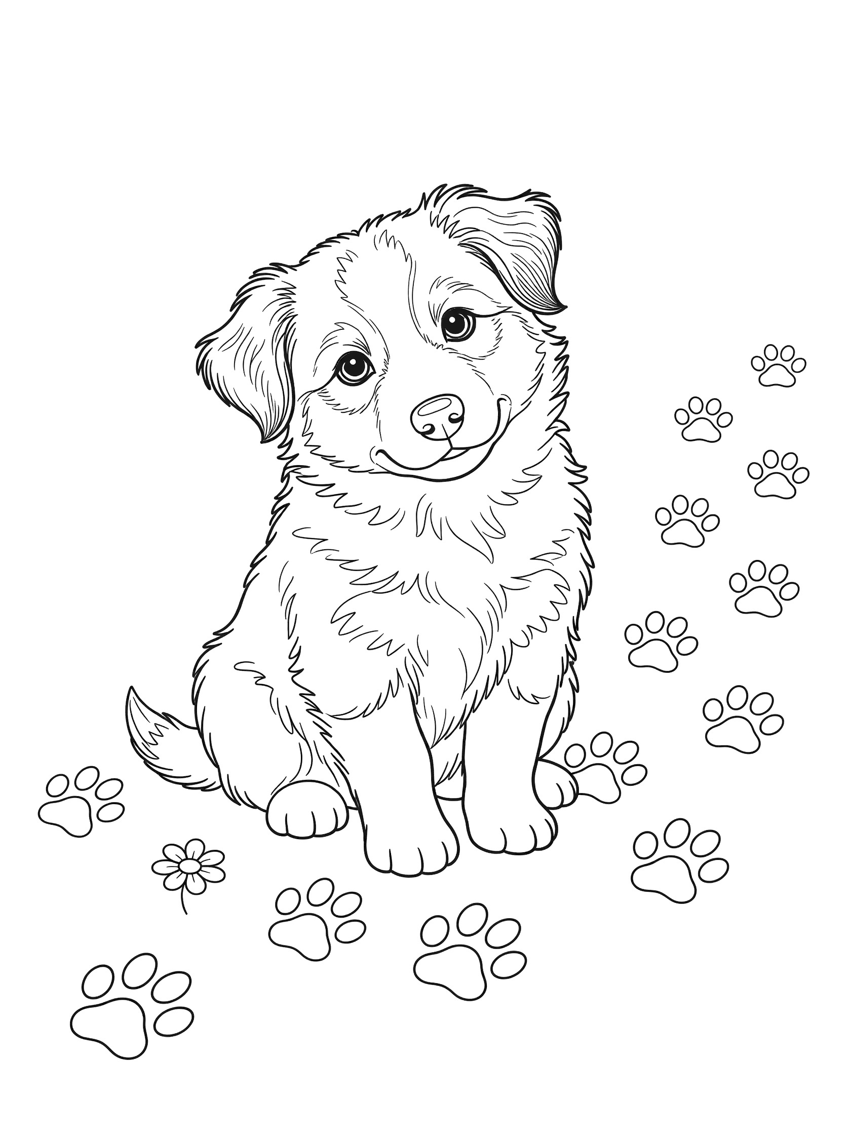 Black and white line art coloring page featuring a cute Border Collie puppy sitting with big eyes, tilted head, tiny folded paws, paw prints around, and a small flower. Clean outlines for easy coloring.