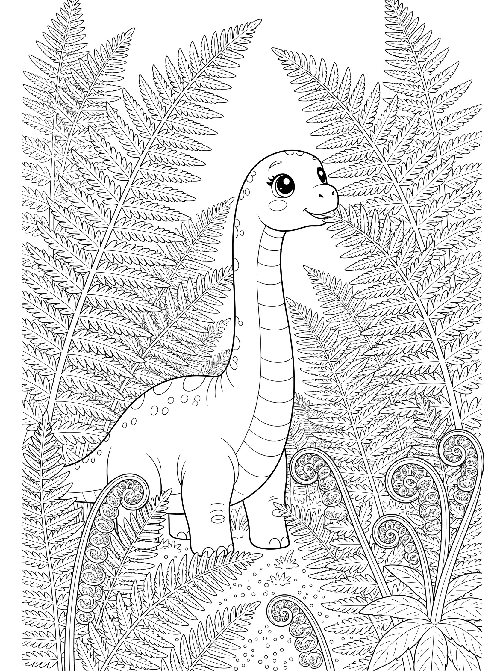 Cute chubby Brachiosaurus dinosaur with oversized eyes and long curved neck among detailed ferns and curling fiddleheads, black-and-white line art coloring page.