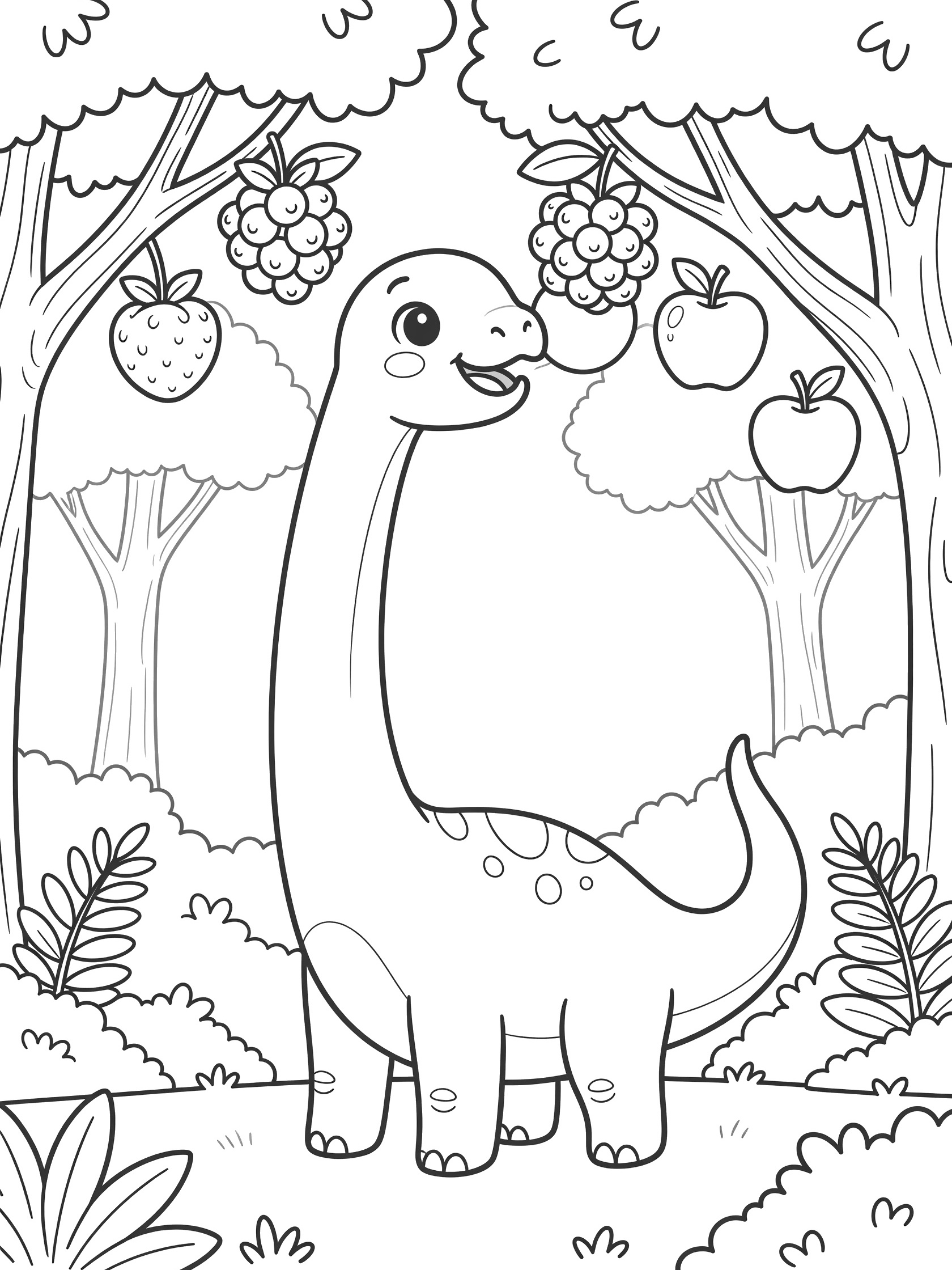 Kawaii Brachiosaurus dinosaur with big eyes and smile reaching for fruit clusters on tree branches in a simple forest scene, line art coloring page
