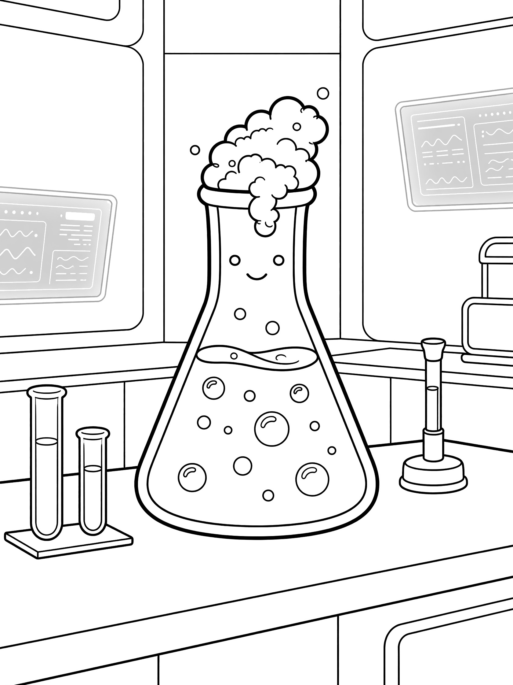 Printable coloring page of a smiling Erlenmeyer flask with bubbling foam, test tubes, Bunsen burner, and glowing screens in a futuristic lab.