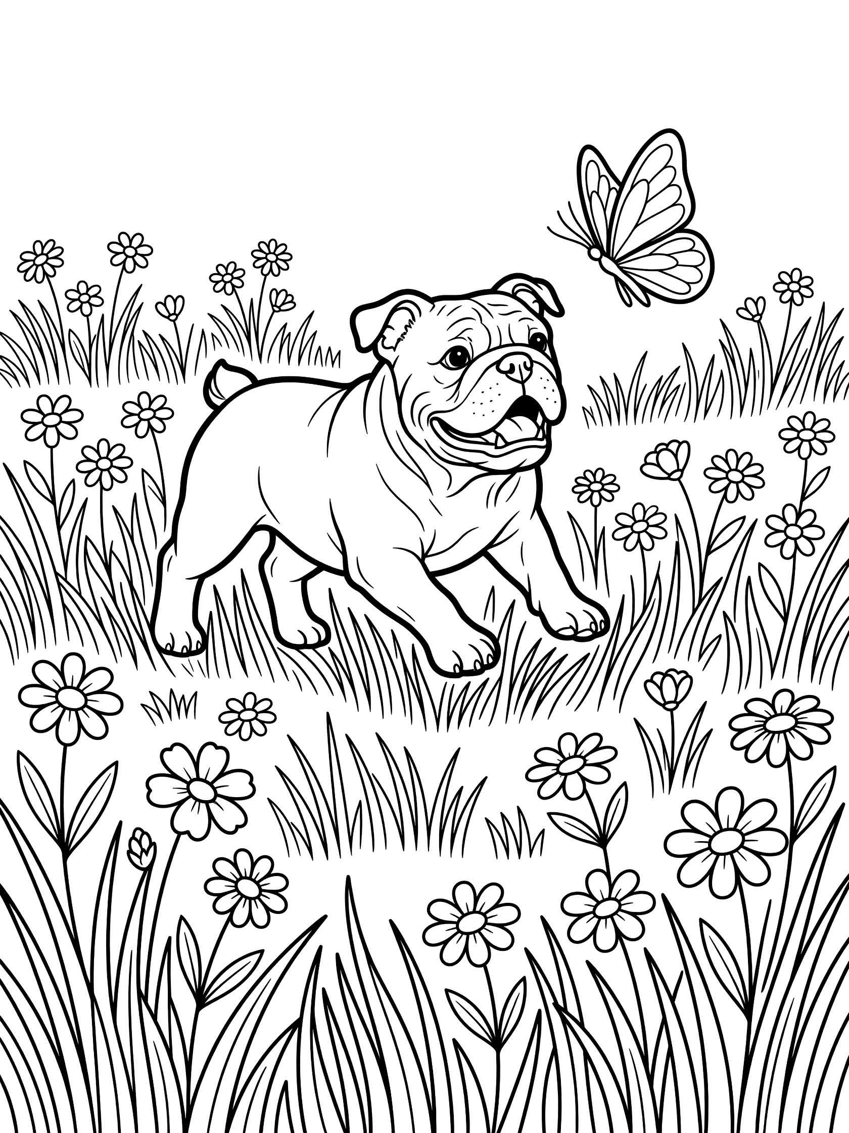 Black and white line art of a cheerful bulldog with wagging tail chasing a butterfly in a meadow with tall grass and daisies