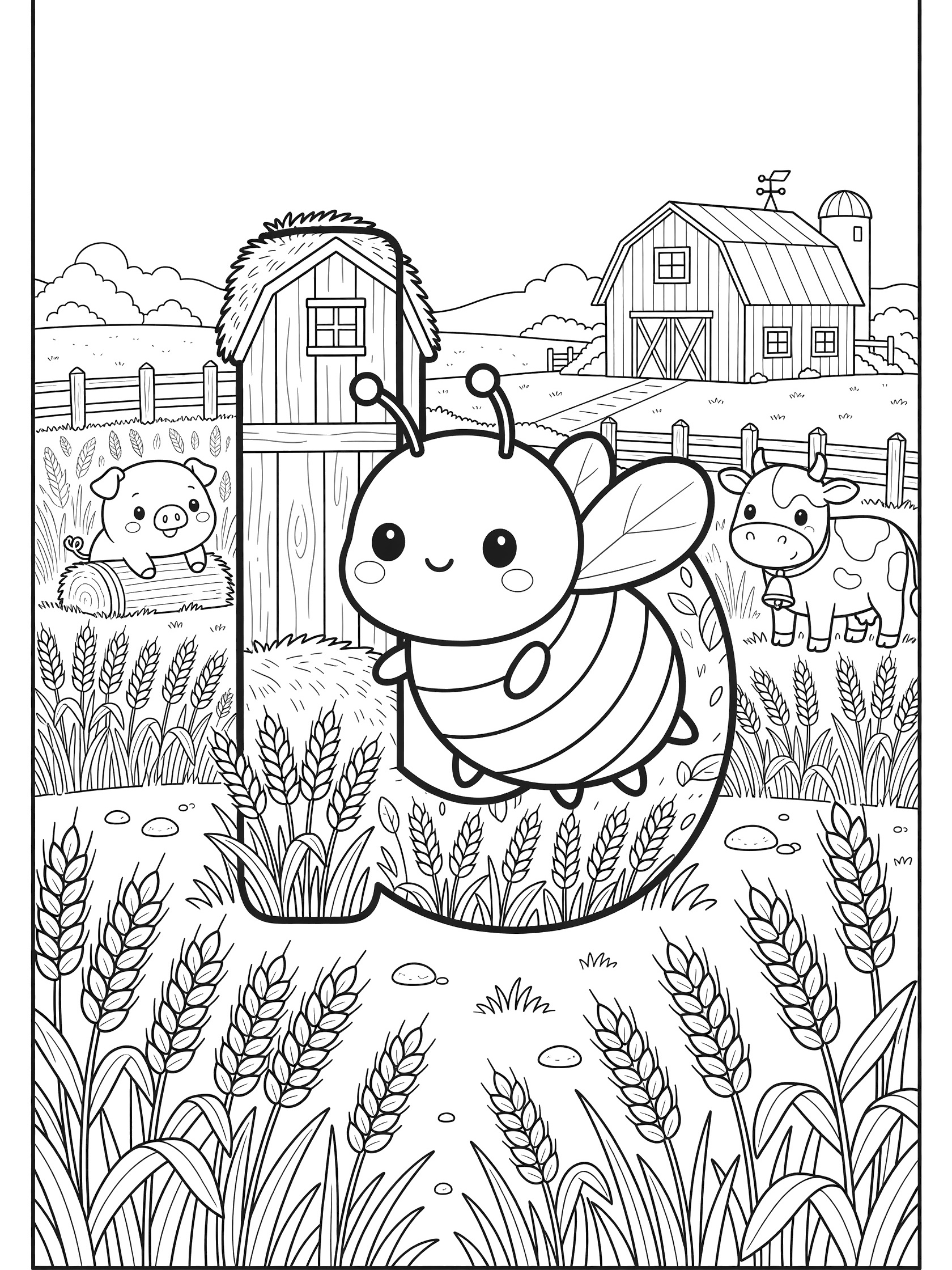 Printable coloring page showing letter B with bumble bee flying near farm barn, pig in pen, cow by fence, and wheat field.