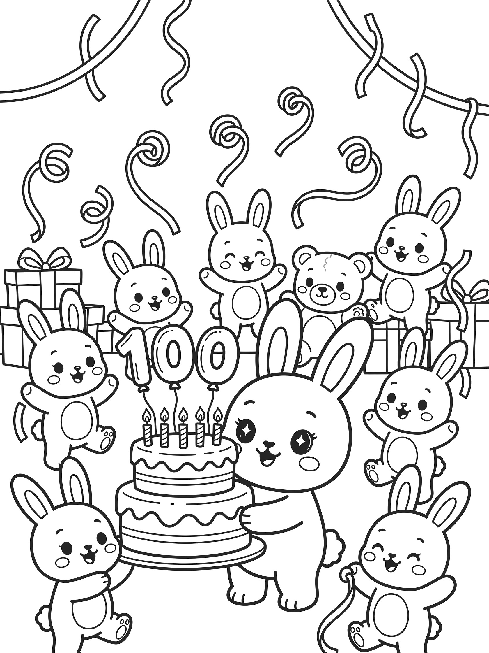 Black and white coloring page showing cartoon bunnies around a birthday cake with 100 candles, presents, and party streamers.