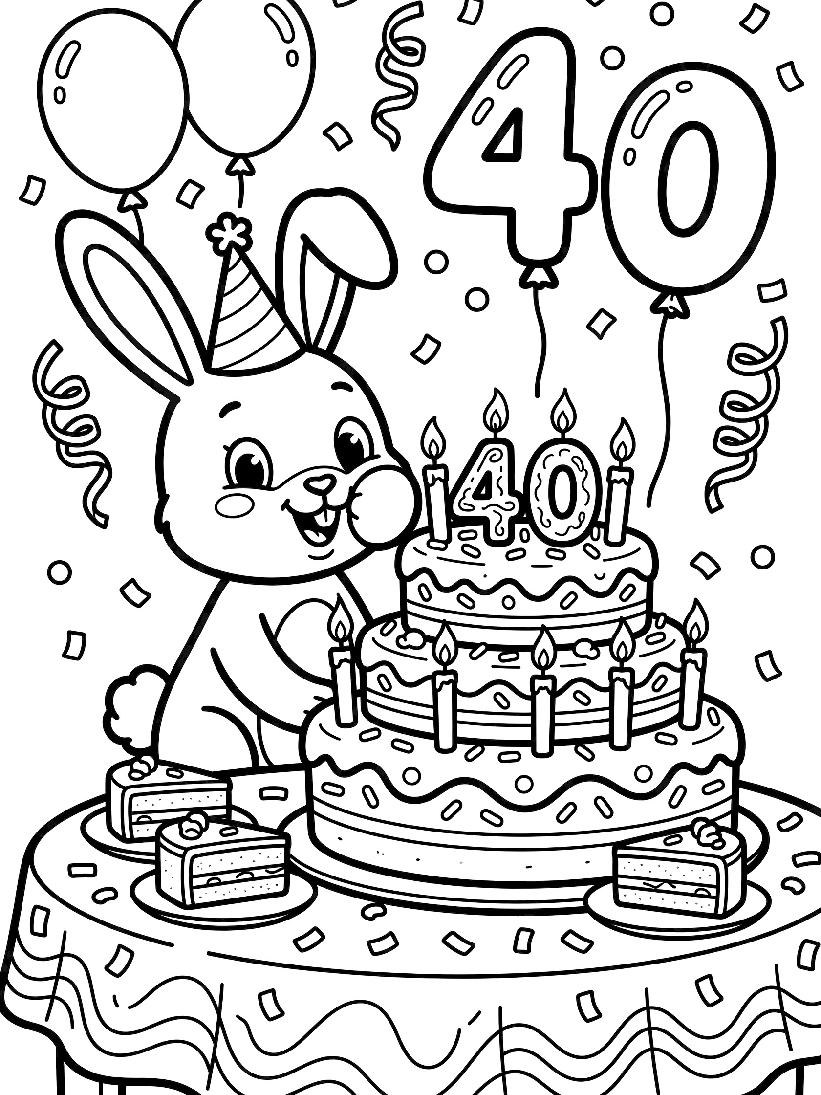 Cartoon bunny rabbit blowing candles on large 40th birthday cake with party hat, balloons shaped like 4 and 0, confetti, and table with cake slices coloring page