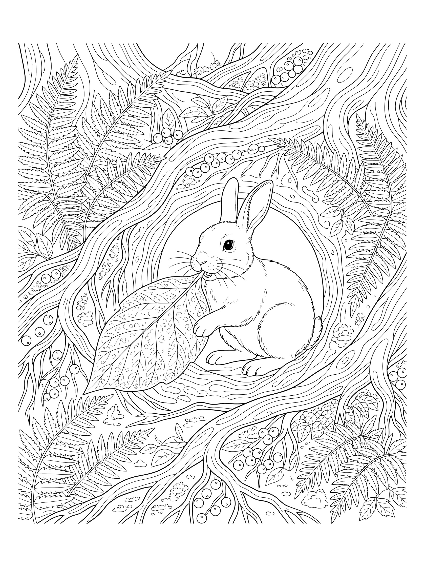 Black and white line art of a cute rabbit eating a large leaf at the entrance of its burrow surrounded by forest roots, ferns, and berries.