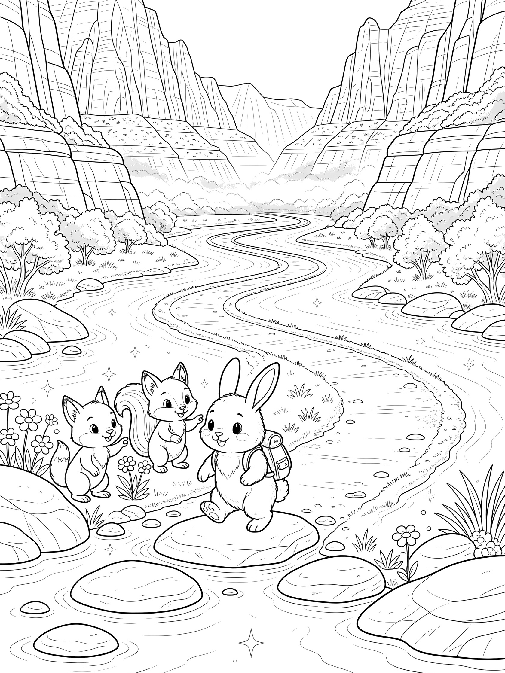 Black and white coloring page showing three cute cartoon bunnies with backpacks walking on rocks by a curving river through steep canyon walls with bushes and flowers. Zion Canyon themed black and white printable line art