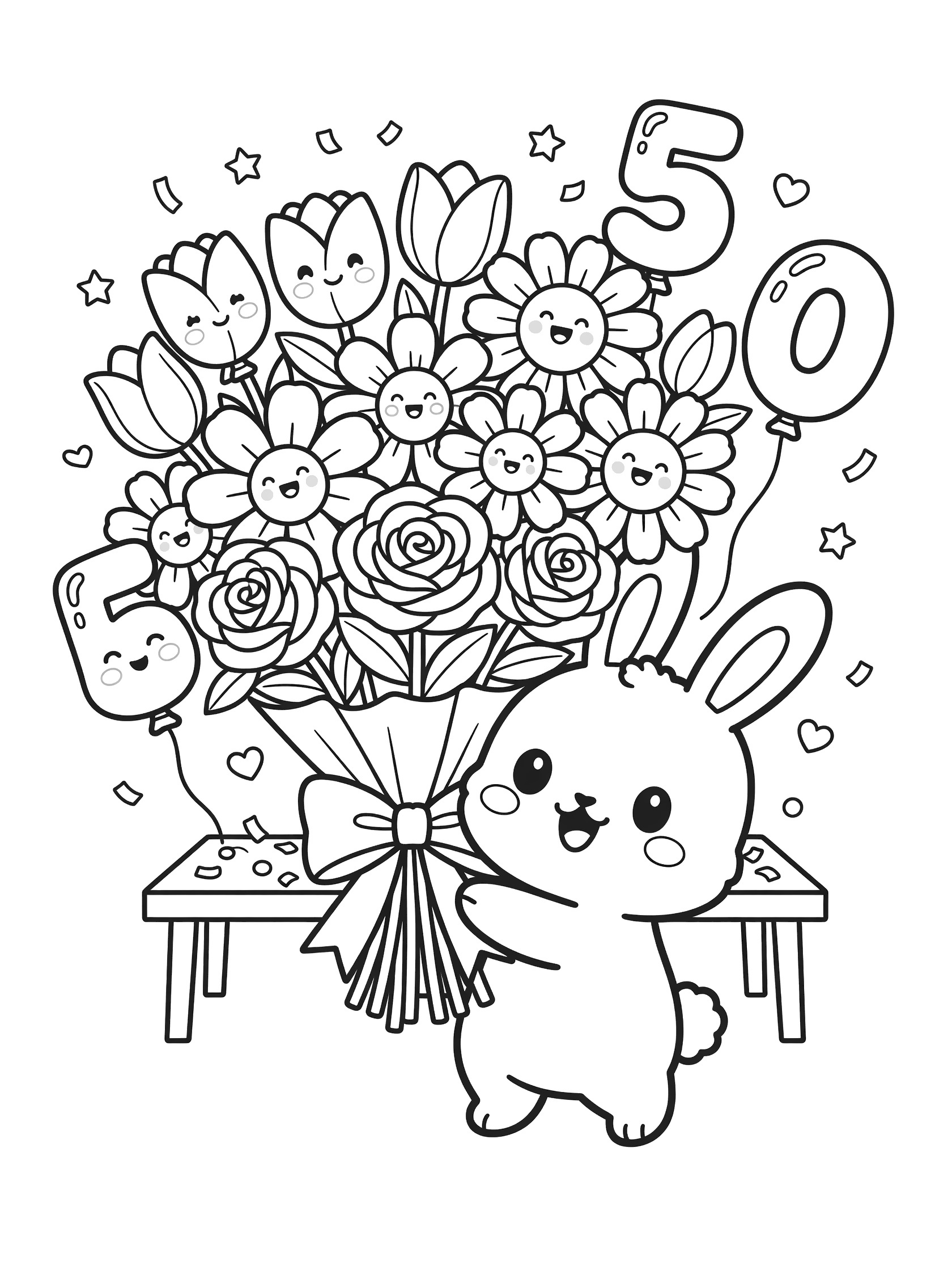 Black-and-white line art of kawaii bunny with big eyes holding overflowing flower bouquet for 50th birthday, with number balloons and confetti on a table.