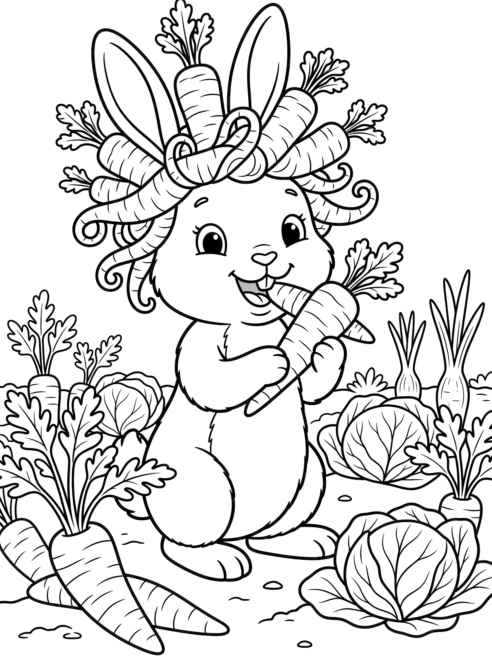 Black and white line art coloring page showing a cute bunny wearing a hat made of curly carrots, eating a carrot, standing in a vegetable patch with carrots, cabbage, and plants. Easter Bunny Puns themed black and white printable line art