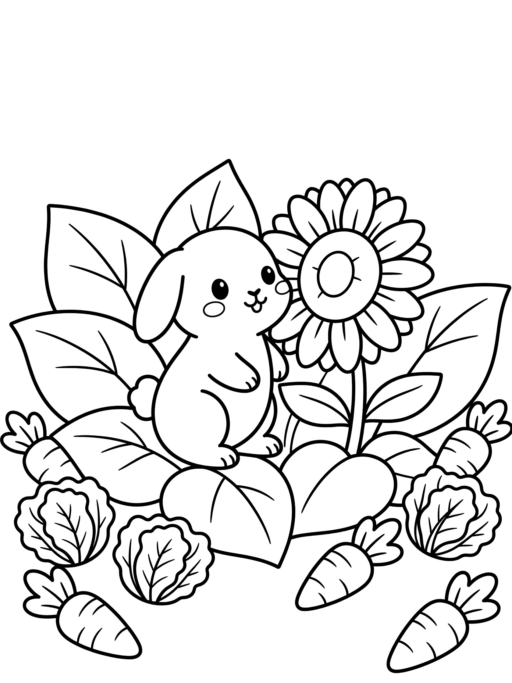Black and white line art coloring page showing a kawaii bunny rabbit peeking from large leaves, sniffing a large sunflower, surrounded by carrots and lettuce leaves.