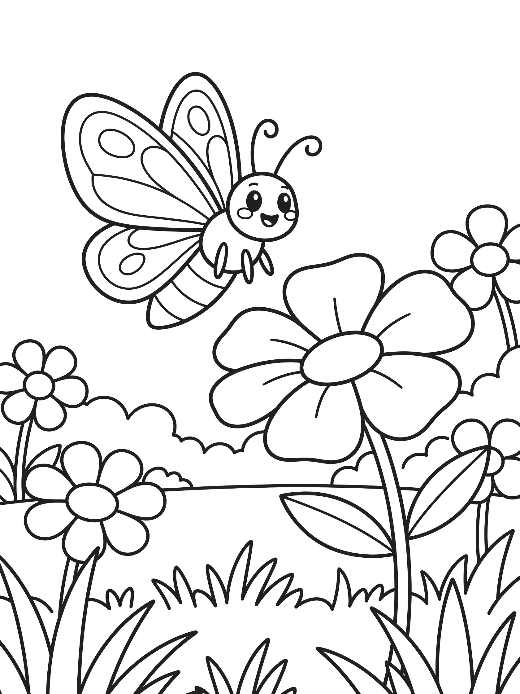 Black and white line art coloring page showing a happy cartoon butterfly with round wings near a large flower, small flowers, grass, and clouds. Moth themed black and white printable line art