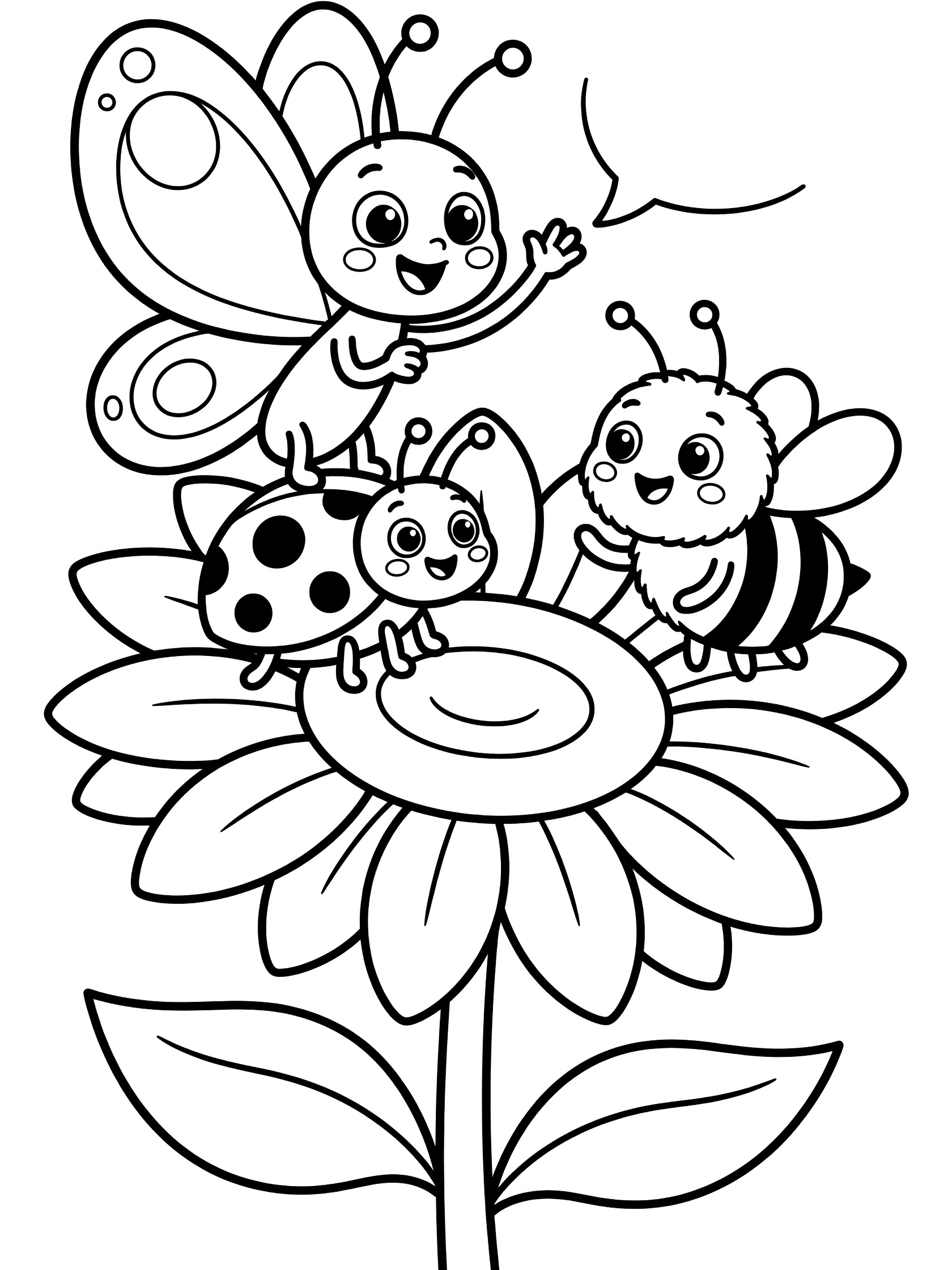 Black and white line art coloring page showing a cute butterfly with big eyes waving, a smiling ladybug and a cheerful bee sitting together on a large sunflower with petals and stem.