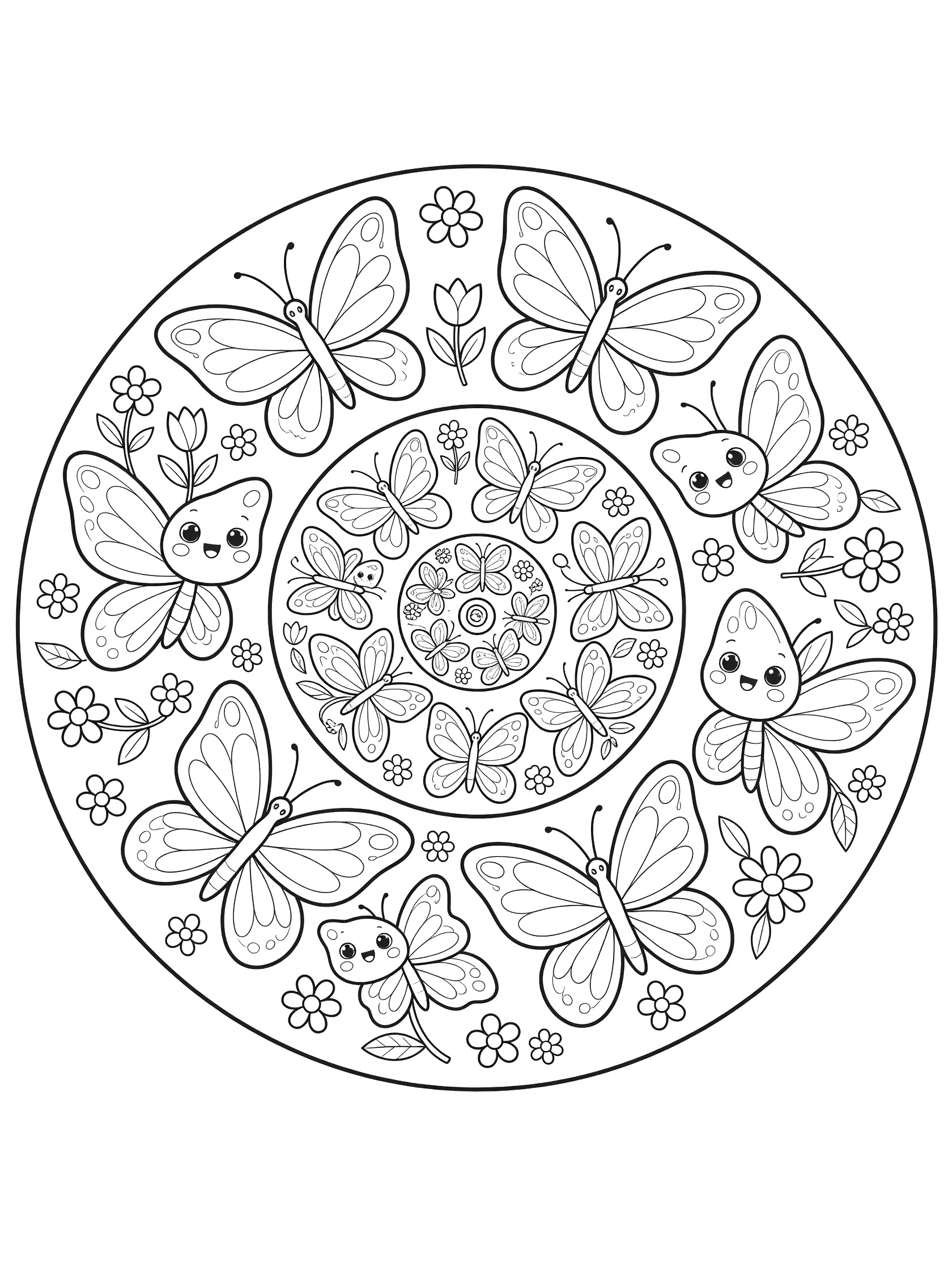 Black and white line art of a kawaii butterfly spiral mandala with smiling butterflies, tiny flowers, and leaf patterns in symmetric layers.