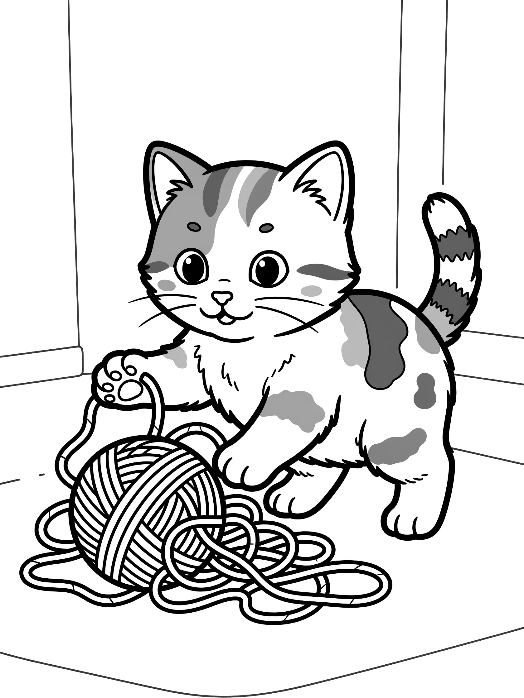 Black and white line art coloring page showing a calico kitten playing with a ball of yarn on the floor, with big eyes and fluffy fur patterns.