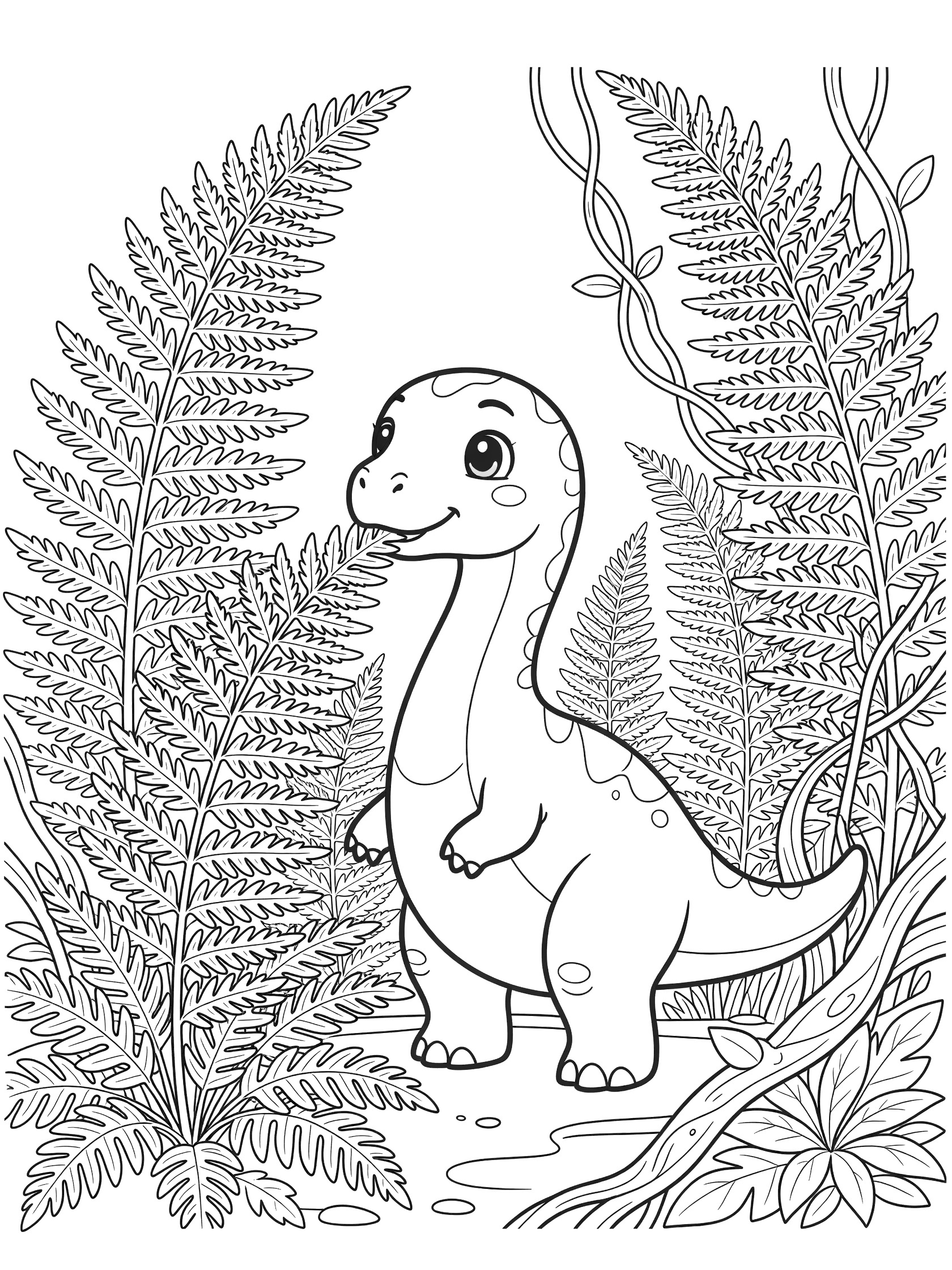 Black-and-white coloring page of a chubby Camarasaurus dinosaur with oversized eyes and long neck eating fronds from giant ferns in a lush forest.