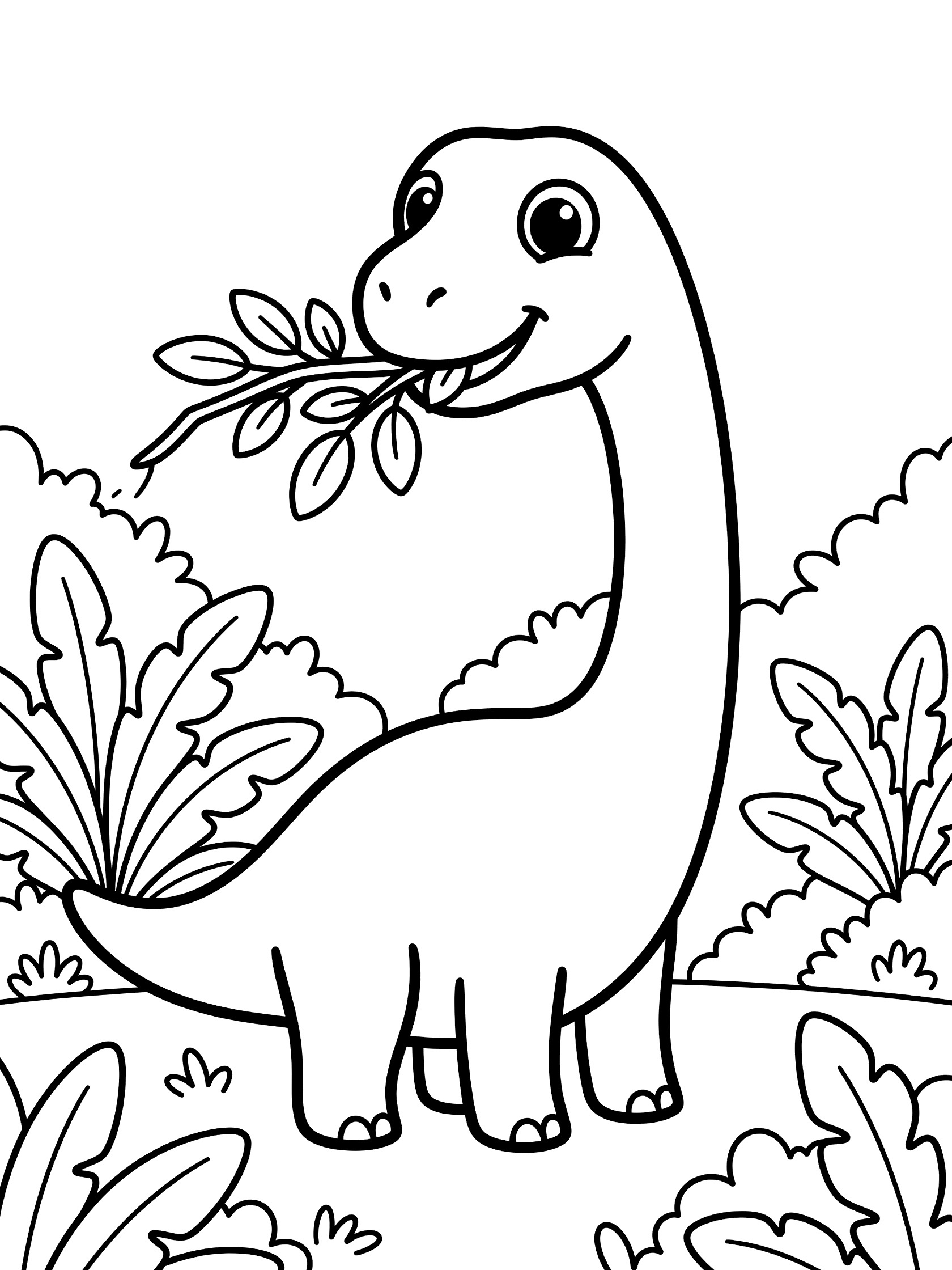 Cute cartoon Camarasaurus with big eyes and smile, holding leaves in mouth, with ferns and bushes on white background coloring page