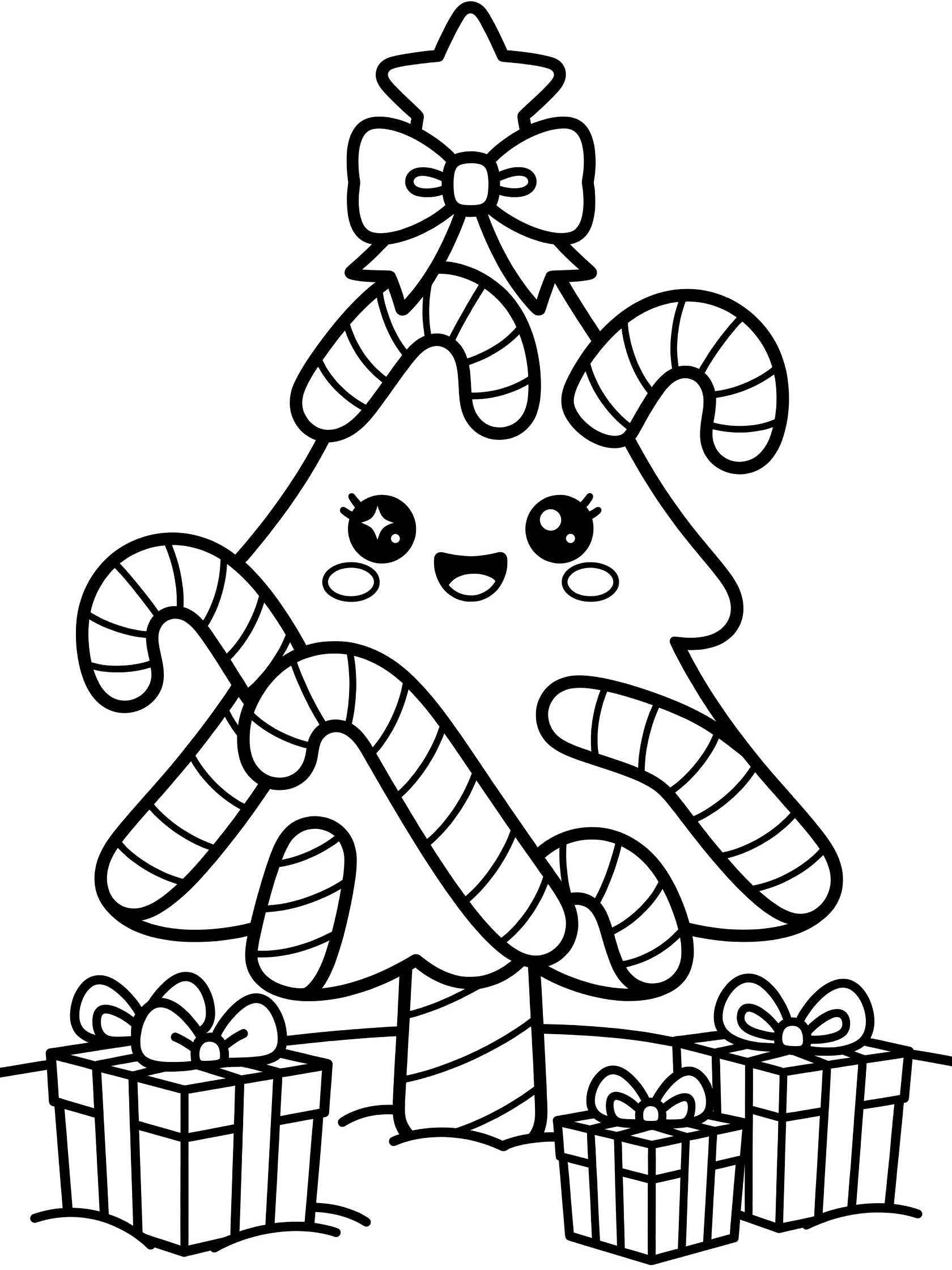 Black and white line art of a cute Christmas tree made from stacked candy canes, with sparkling eyes, smile, snowy ground, gifts, and bow star on top