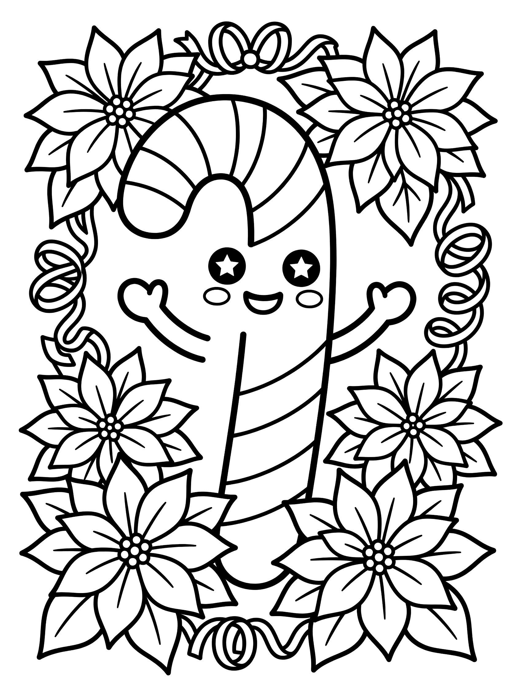 Black and white coloring page of a cute candy cane with sparkling eyes, rosy cheeks, stubby waving arms, surrounded by poinsettia flowers and curly ribbons.