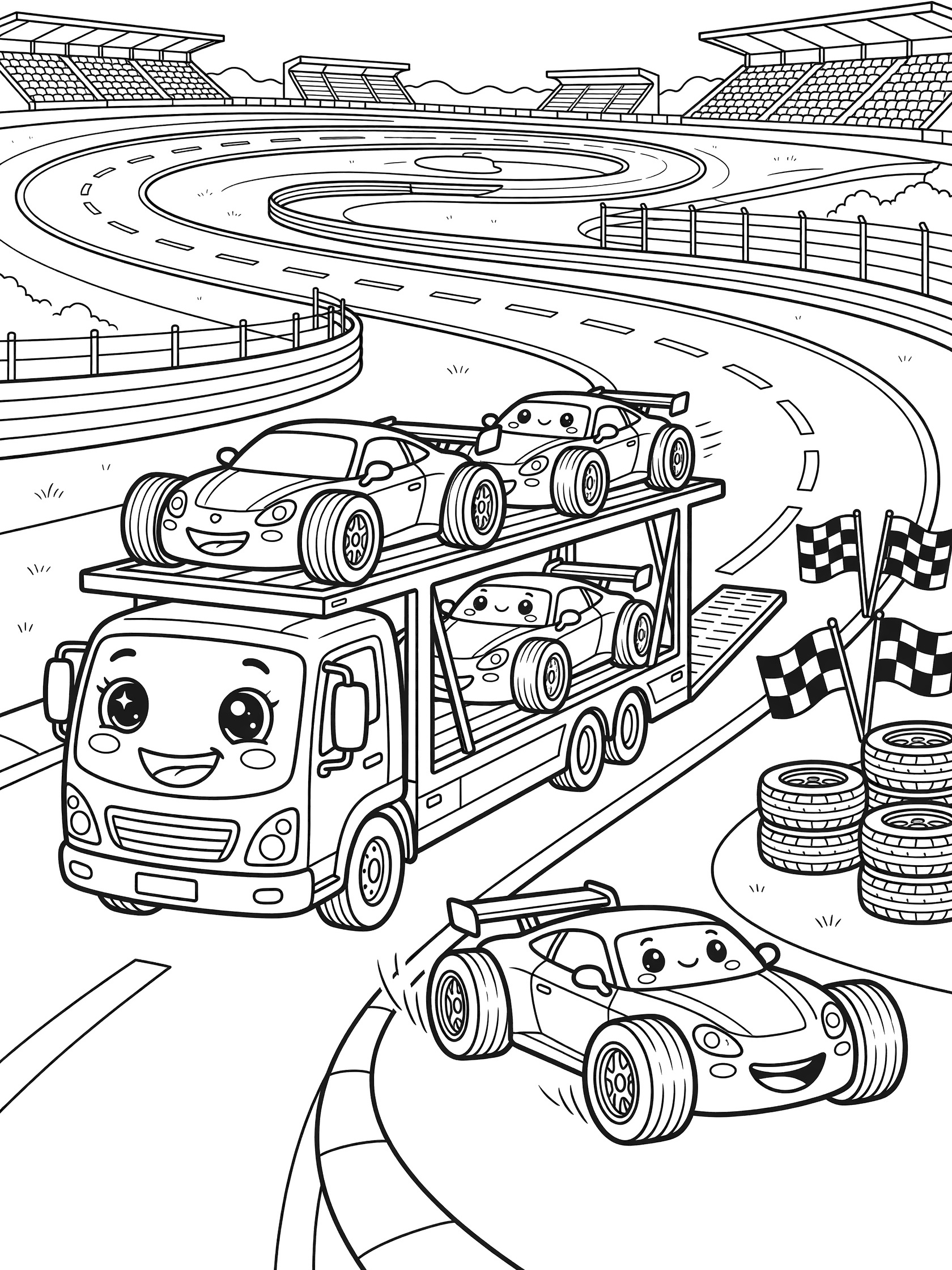 Black-and-white coloring page of a smiling car hauler truck with big eyes carrying sporty race cars toward a race track entrance, one car zooming off the ramp.