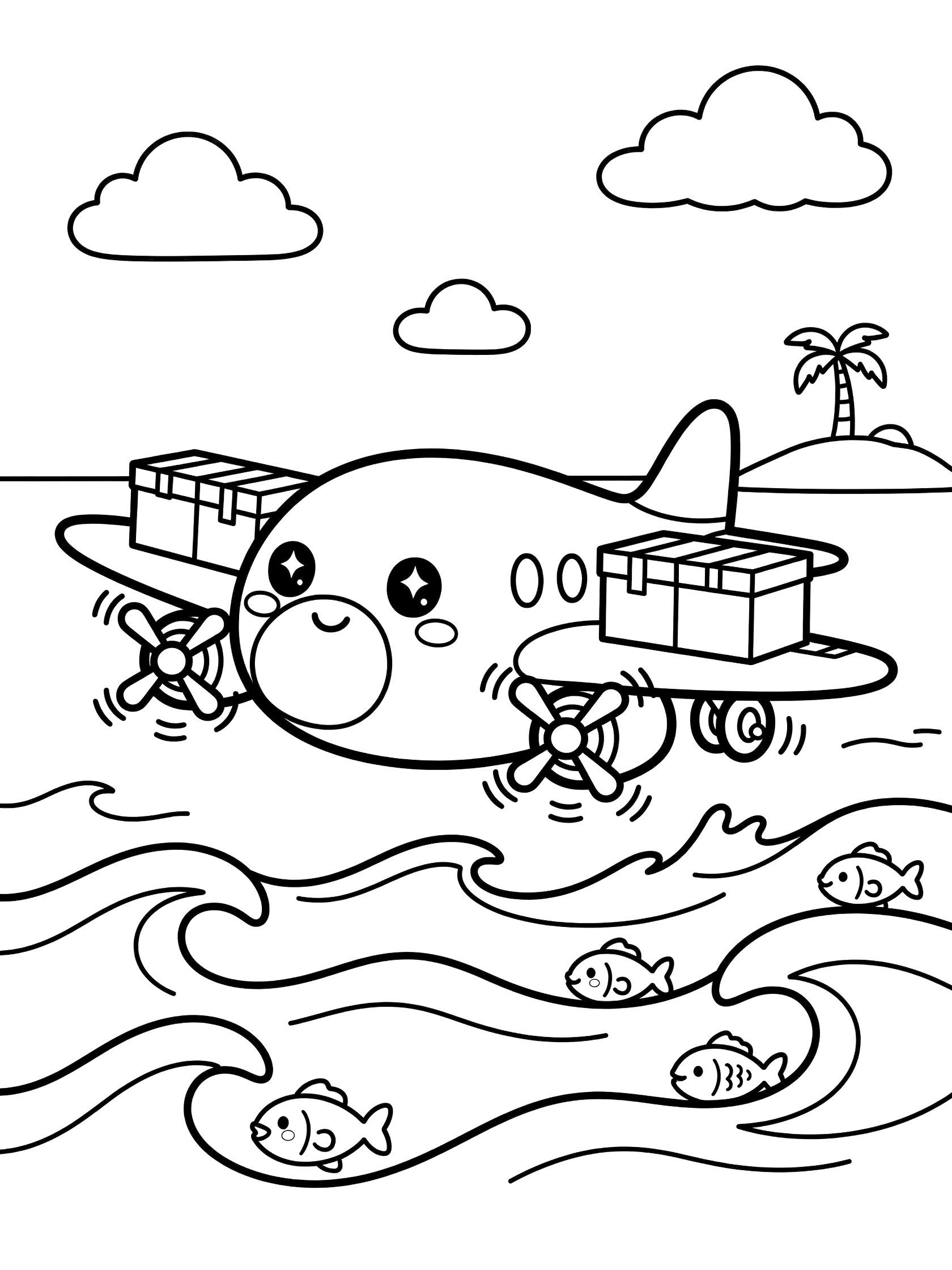 Black and white line art of a cute chubby cargo plane with big eyes and smile flying over ocean waves, smiling fish, cargo crates, propellers, clouds, and palm tree island