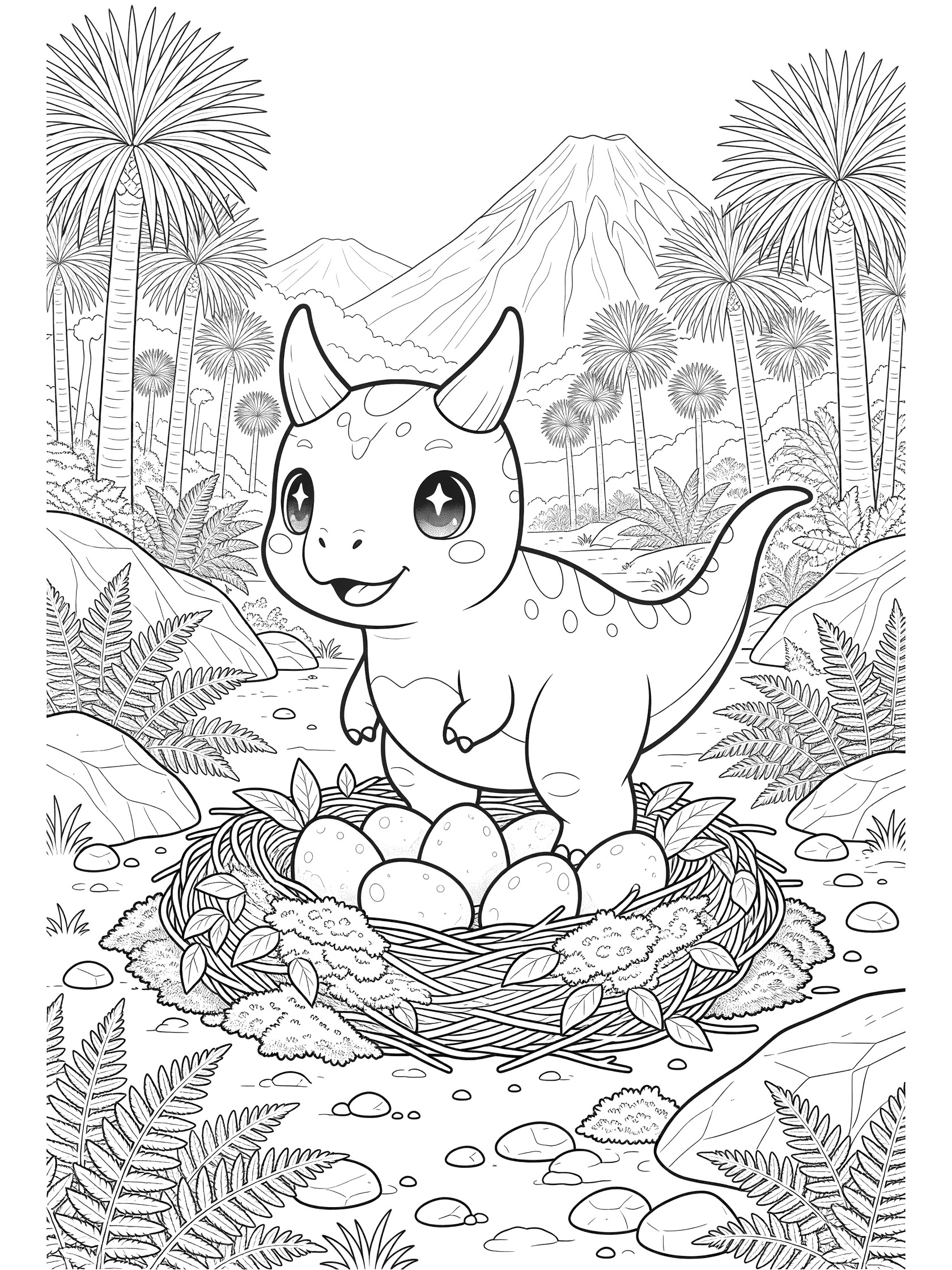Black and white coloring page of a kawaii Carnotaurus standing over a nest with dinosaur eggs, surrounded by ferns, rocks, twigs, and a misty volcano background.