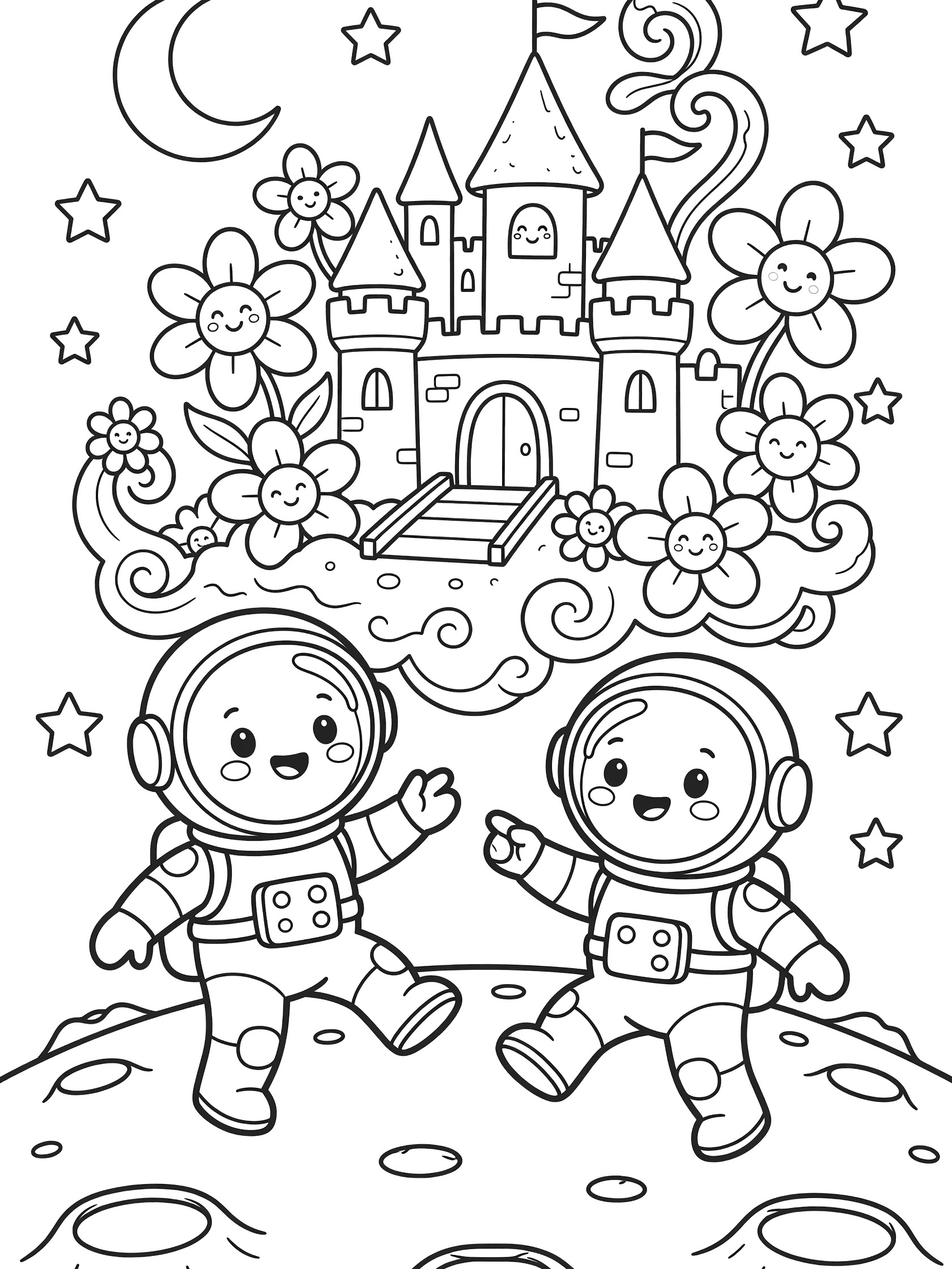 Cute cartoon astronauts moon walk on the moon with starry sky, crescent moon, flowers, and cloud castle coloring page for kids