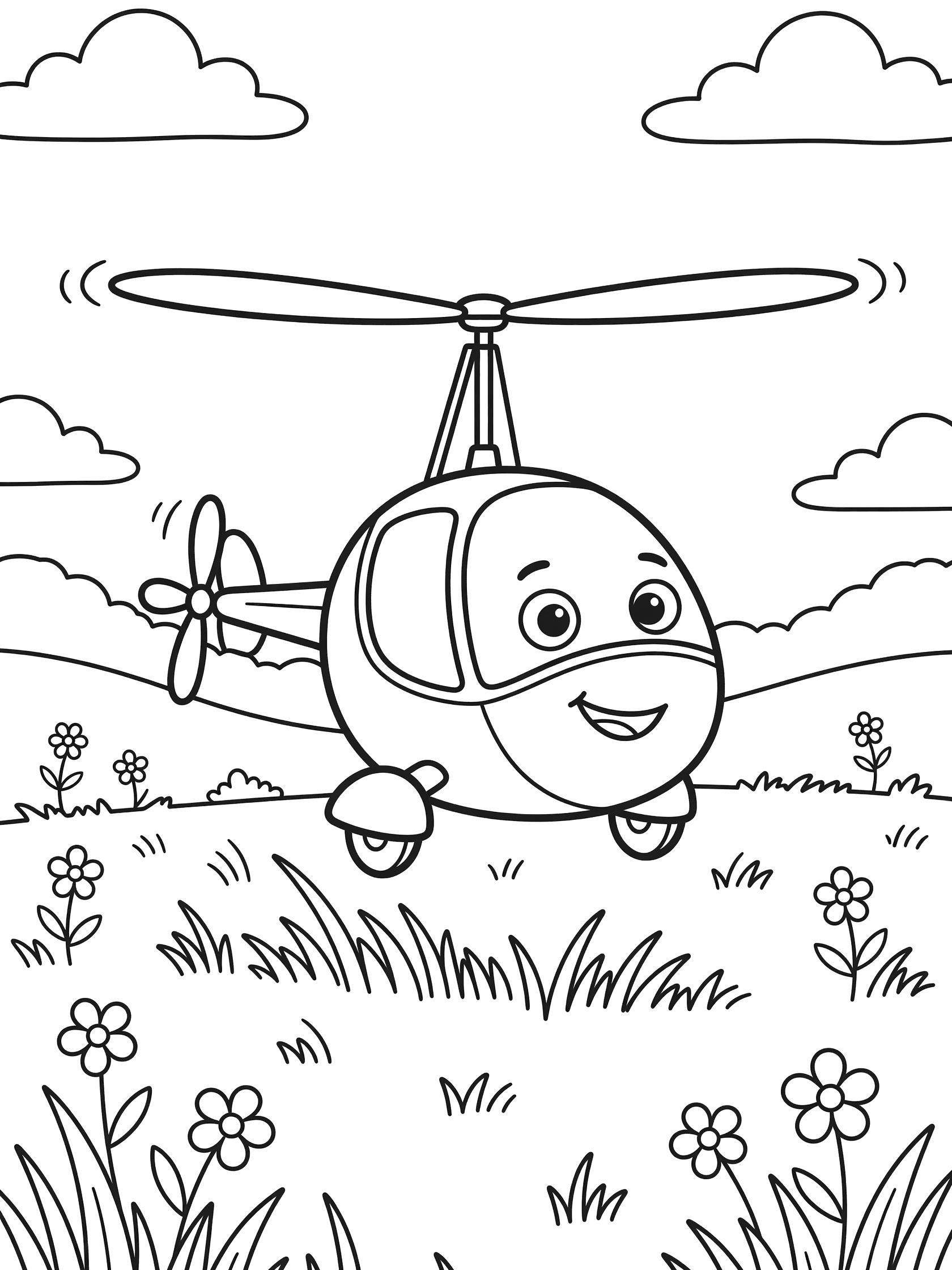 Cute cartoon autogyro with big eyes and smile taking off from grassy field with flowers, surrounded by hills and fluffy clouds, line art coloring page
