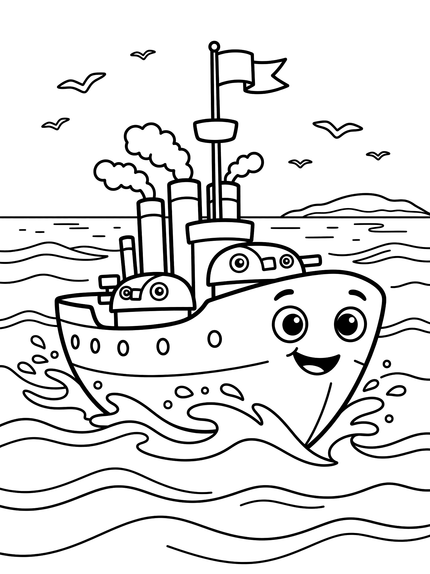 Adventurous cartoon battleship coloring page with happy face, large turrets, smokestacks with smoke, fluttering flag, splashing waves, flying seagulls, and distant island on sunny seas